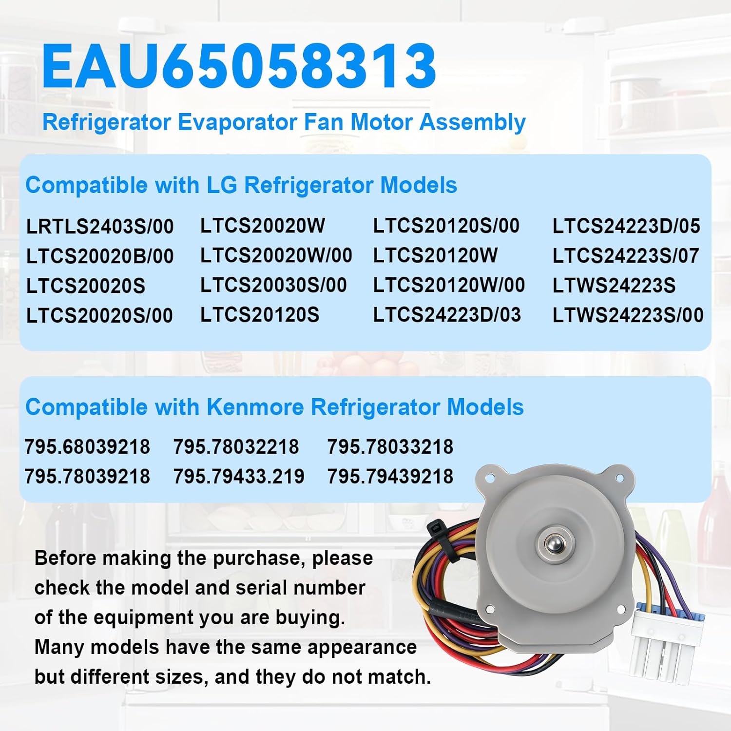 EAU65058313 Refrigerator Evaporator Fan Motor Assembly Compatible with LG Kenmore Fridge Model LRTLS2403S LTCS20020B LTCS20020S,Replace EAU63103001, ODM-056F-13, AP6235481, EAU63103012, DC12V 1A
