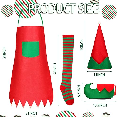Miniatura 5 de Funtery 8 kits de disfraz de elfo de Navidad para adultos, incluye 2 delantales de elfo, 2 sombreros de elfo, 2 zapatos de elfo y 2 calcetines de