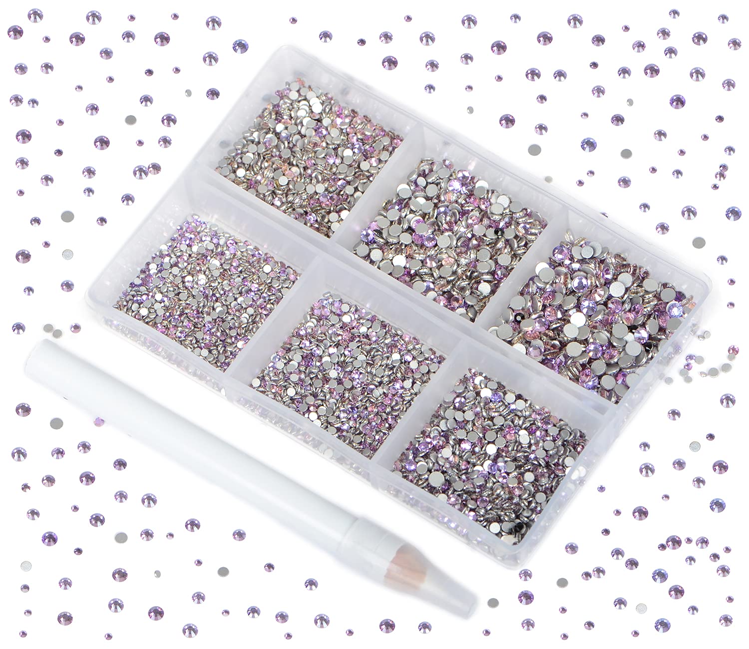 Bymitel 7200 Pieces 6 Mixed Sizes Glue Fix on Glass Rhinestones Round Crystal Gems Flatback for DIY Jewelry Making with one Picking Pen(6-Sizes 7200PCS, Green Pink)