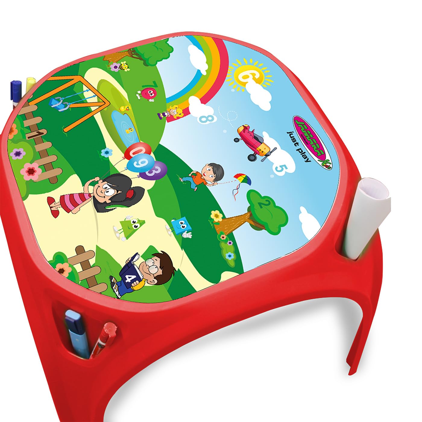 JAMARA 460751 Kindertisch Zahlenspass XL-aus robustem Kunststoff, Indoor-Outdoor geeignet, Aufdruck auf der Tischplatte, abgerundete Kanten, rutschfeste Gummifüße, rot