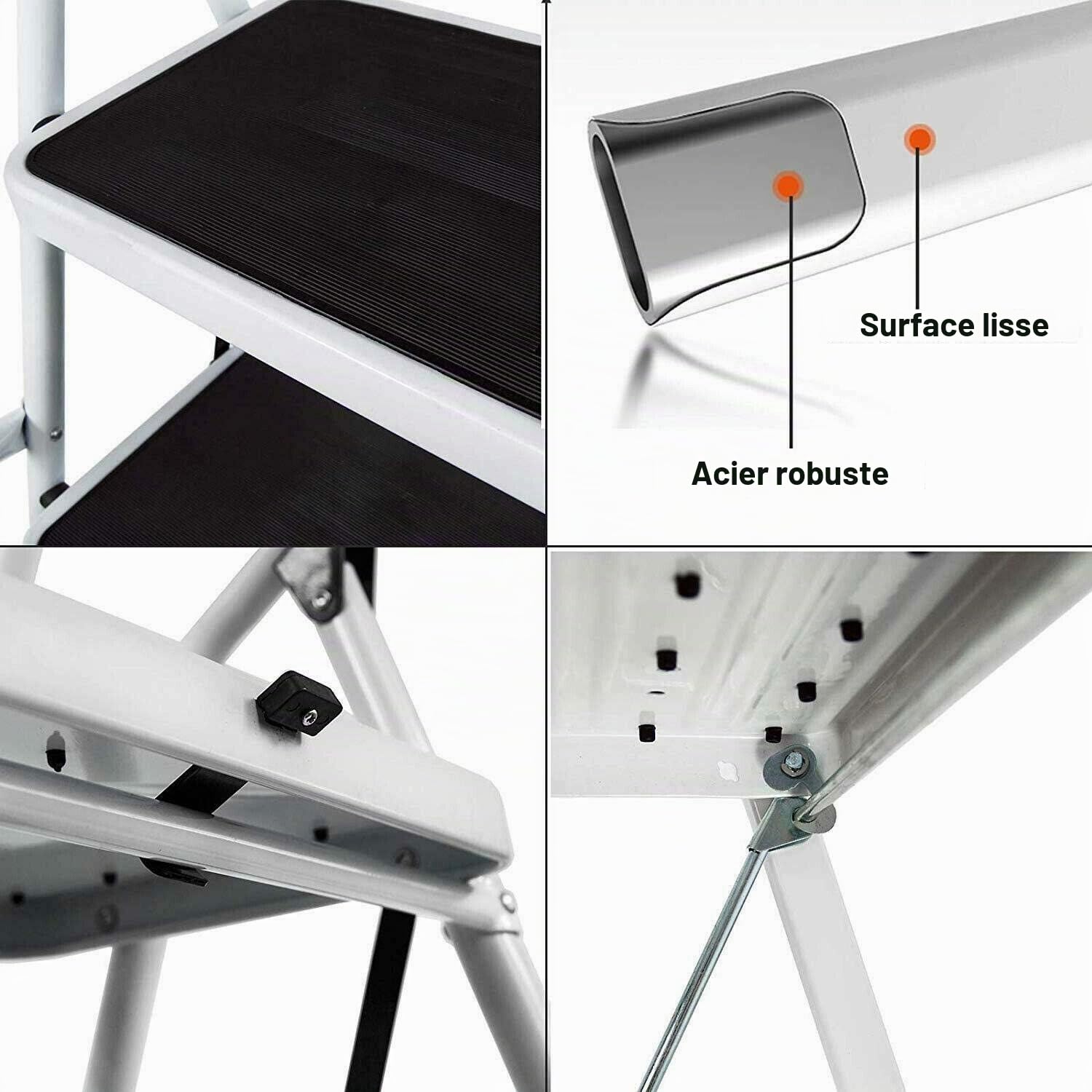 Escabeau Pliable en Acier 3 Marches Portable et Léger Charge Max 150KG Pour Ménage, Bureau, Peinture et Décoratif