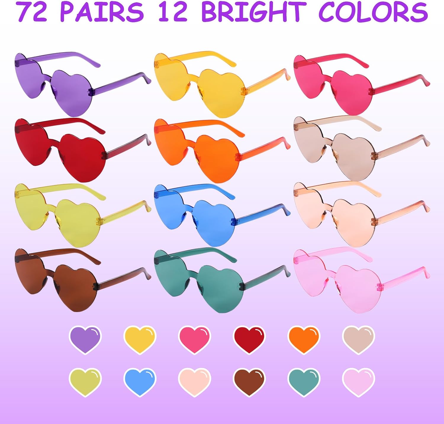 72 Pairs Heart Shaped Sunglasses, Candy Color Rimless Glasses Trendy Transparent Sunglasses Eyewear Party Supplies Boys Girls Teen Adults - Image 2
