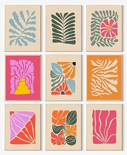 KBKBART Abstract Botanical Prints Set of 9 - Colorful Boho Gallery Wall Art, Wavy Floral Canvas Prints for Maximalist Bedroom Decor