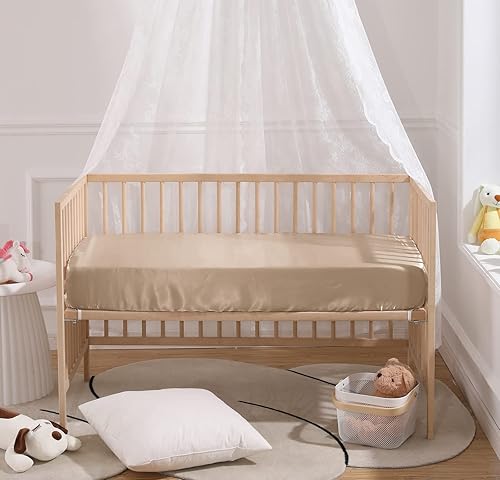 Miniatura 5 de SiinvdaBZX Juego de 2 sábanas de satén para cuna de 38 x 24 pulgadas, suaves y sedosas, fundas de colchón portátiles para cuna, con bolsillo