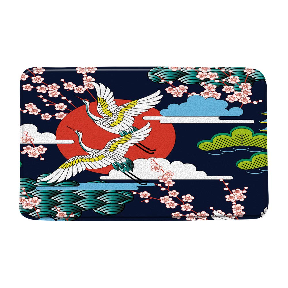 Japanses Cherry Blossom Bath Mat Pink Sakura Flower Red Sun Fying Bird Abstract Waves Vintage Asian Art Bathroom Decor Rug Absorbent Doormat Kitchen Toilet Floor Rug,19.7" x 31.5"