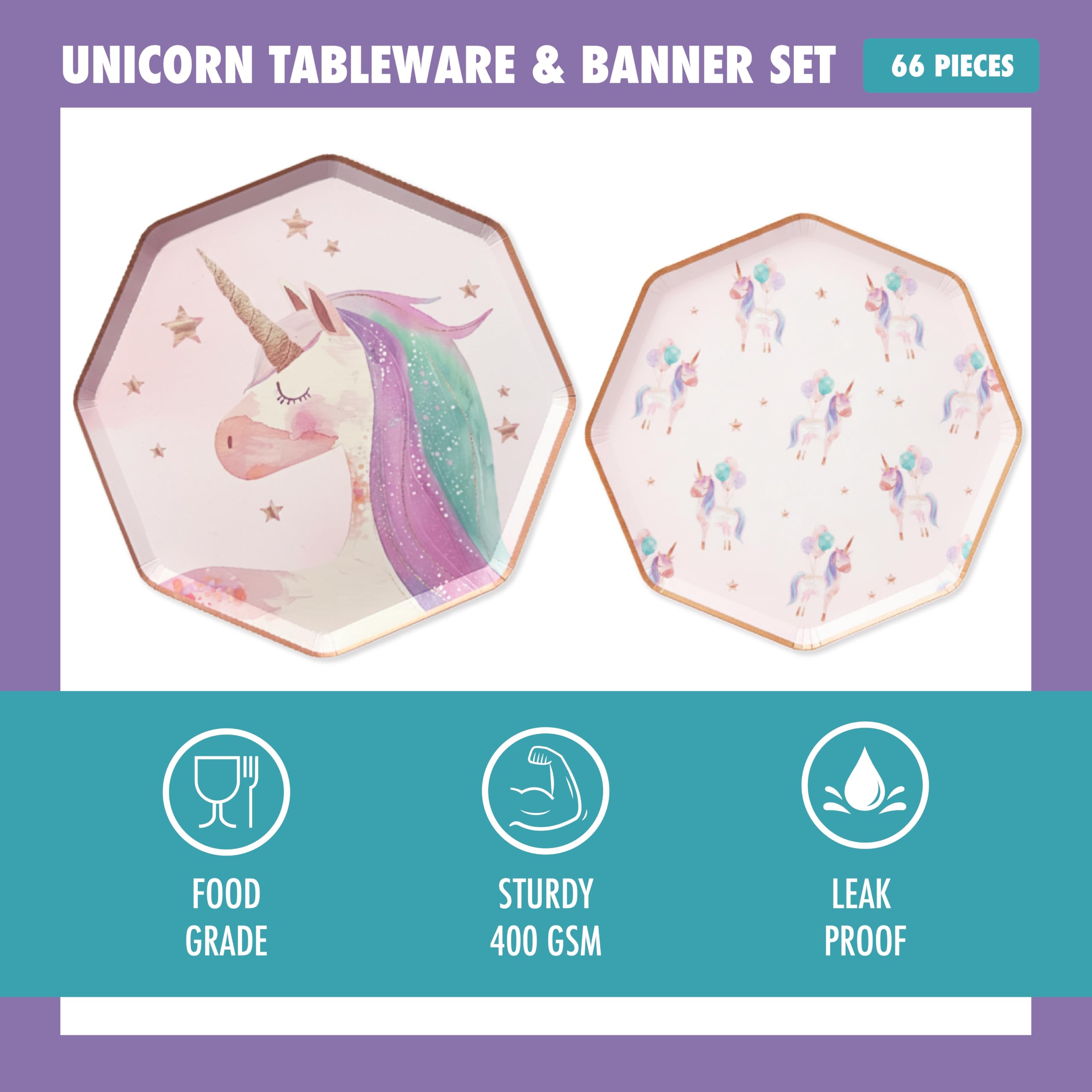 Platos de unicornio, servilletas y 2 pancartas preencordadas, juego de fiesta de 66 piezas, sirve 16 platos octogonales de acuarela, servilletas arcoíris + pancarta de feliz cumpleaños y