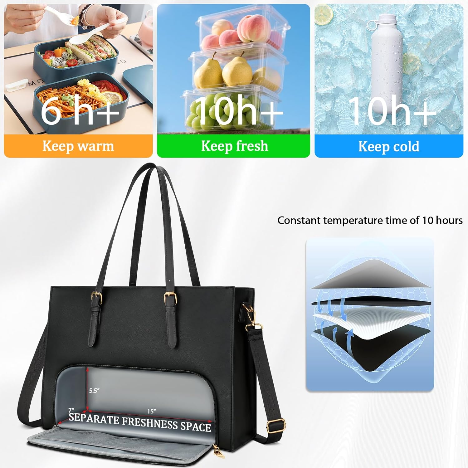 KKXIU Lunch Tote Bag for Women 15.6 Inch Laptop Briefcase Professional Work Purse with Insulated Lunch Compartment Handbags - Image 4