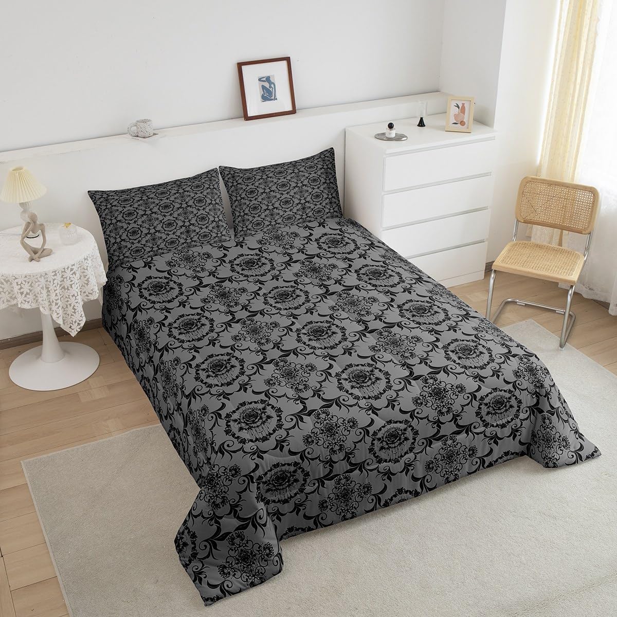 Feelyou Adults Gothic Comforter Set Queen Size Vintage Rose Boho Comforter for Boys Girls Teens Silver Damask Bedding Set Luxury Farmhouse Duvet Set Room Decorations Quilt Set