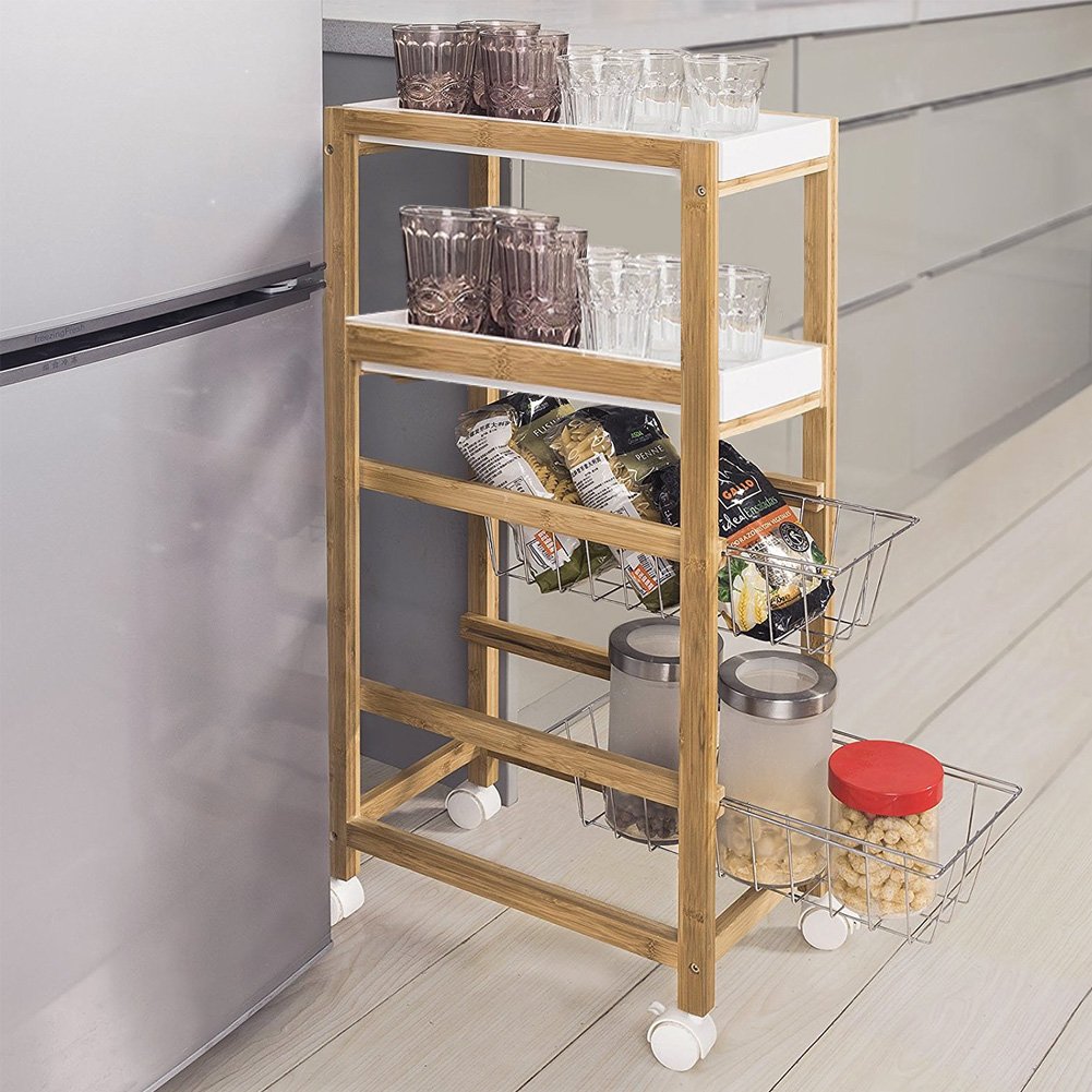 BAKAJI Carrello da Cucina Slim Salvaspazio in Legno di bambù con 2 Vassoi Estraibili 2 Ceste Portafrutta in Metallo e 4 Ruote Girevoli Carrello Casa Colore Bamboo Naturale