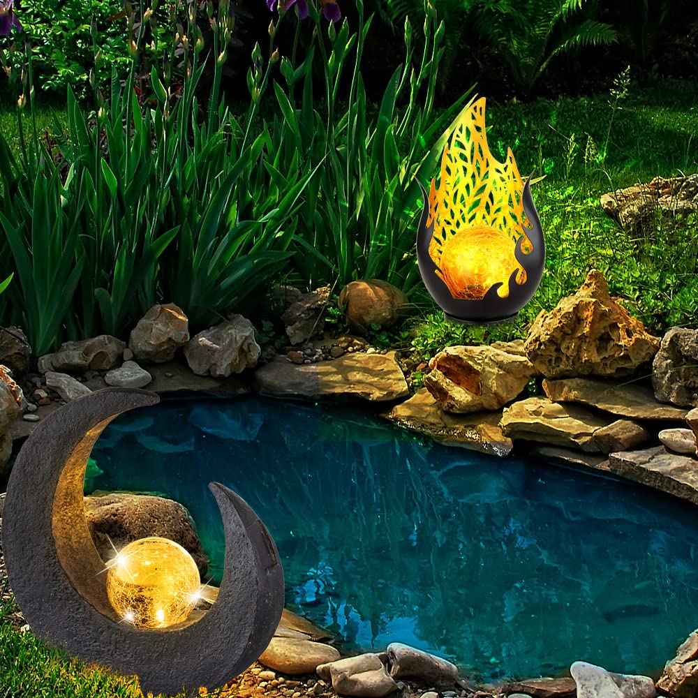 GLOBO LED Solarleuchte Flamme Außenleuchte Garten Solarlampe Mond Gartenlampe, IP44 Akku, Crackle Glaskugel schwarz, 2er Set