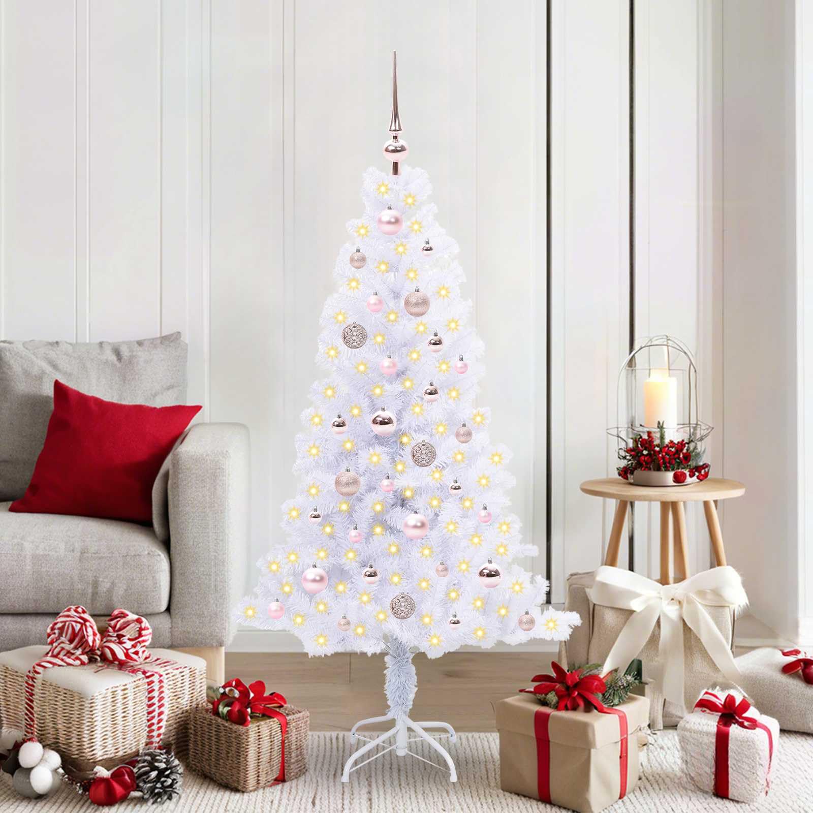 Sztuczna choinka biała, 150 cm, PCW i stal, z 380 końcówkami, 150 różowych lampek LED, zasilanie USB, 8 trybów świecenia, stabilny stojak, do salonu, na balkon, taras