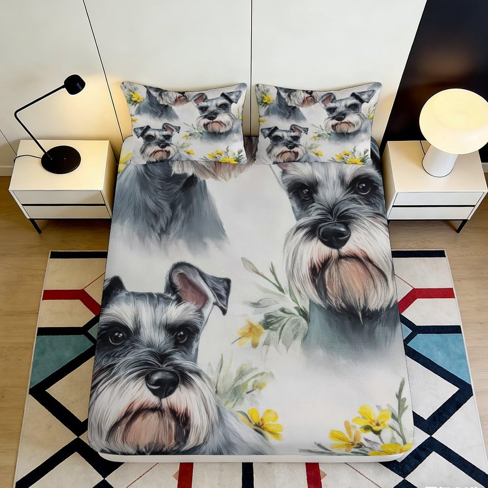 3D Printed Schnauzer Dog Pattern Fitted Sheet Microfiber Deep Pocket Non-Slip Bedroom Bedding Schnauzer Mattress Fitted Cover for Adults 180x200x25cm