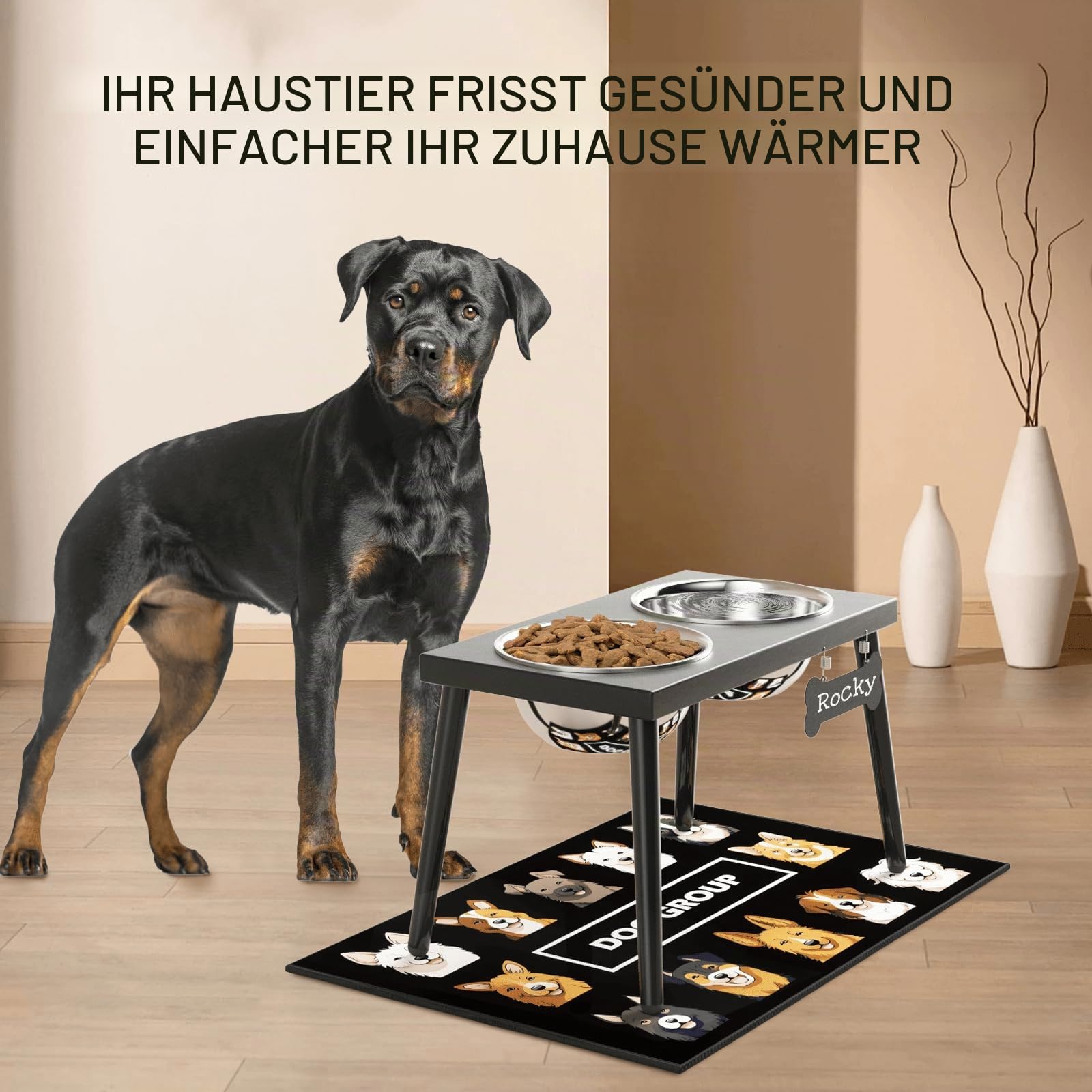 ADENGL Erhöhter Futternapf aus Metall für große und mittelgroße Hunde, stärkere, spritzsichere Matte, 25,4 cm hoch, 1,6 x 61 cm