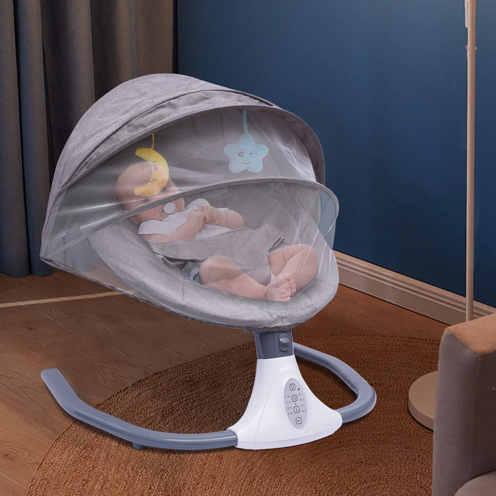 Altalena elettrica per bambini, per interni con baldacchino oscurante, con telecomando, 12 musica Bluetooth, per bambini da 0 a 18 mesi, fino a 44,09 libbre (grigio)