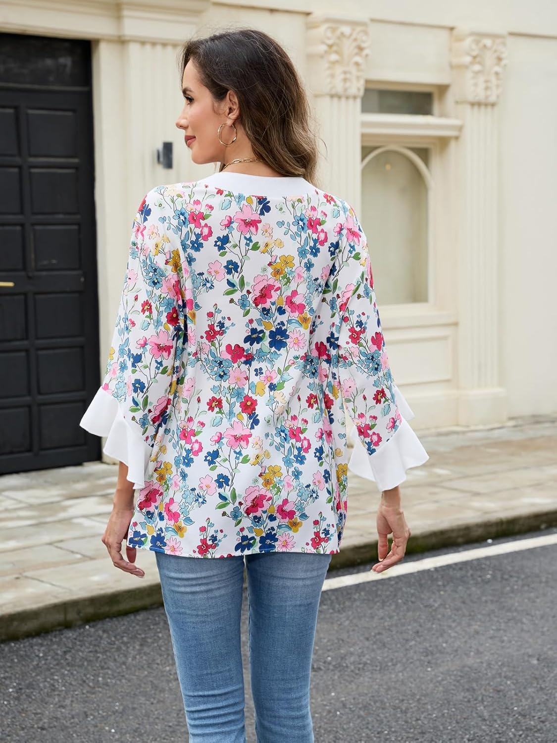 Women Blouses Boho Floral Print with 3/4 Ruffle Sleeves Wrinkle Free Tunic for Summer Beach Vacations - Image 3