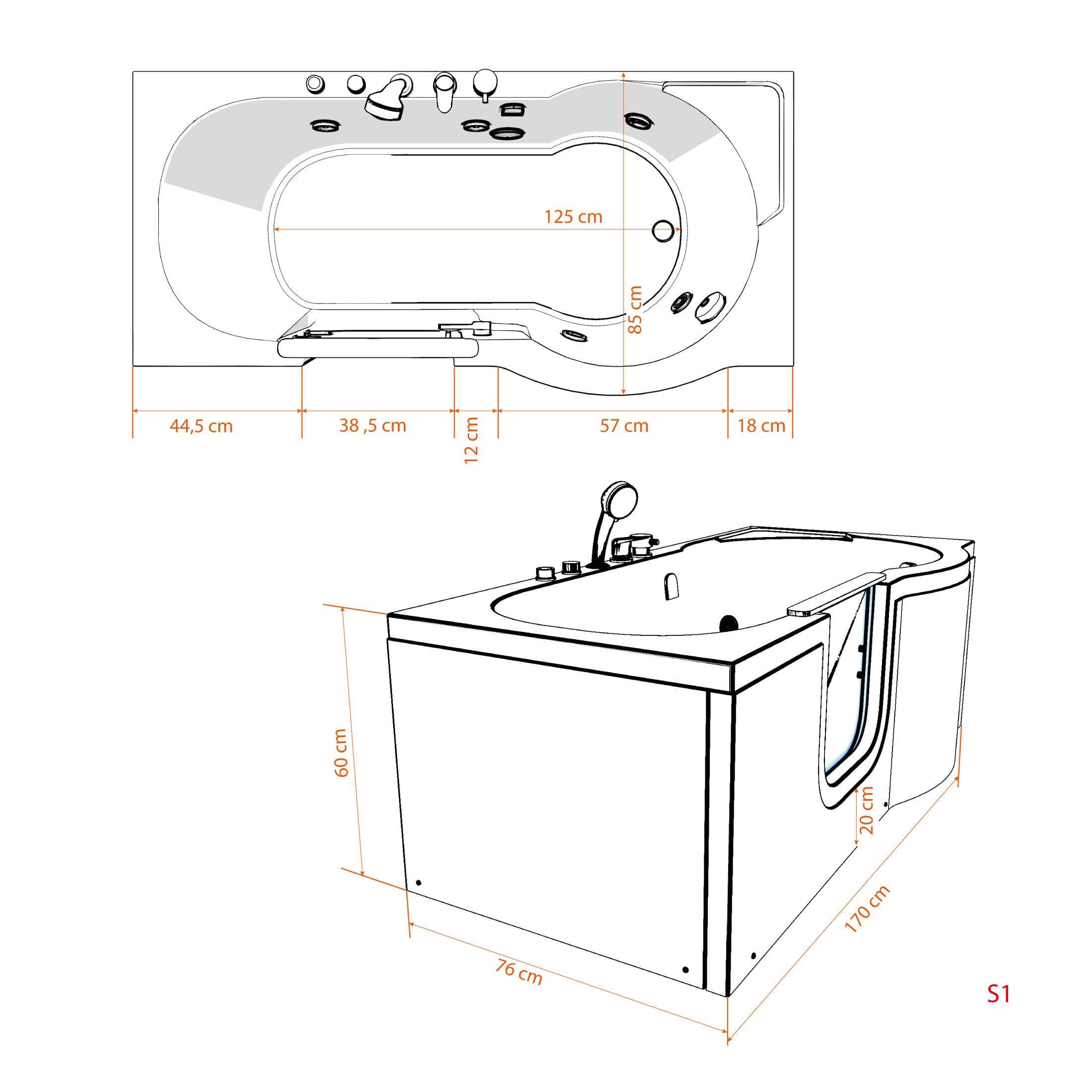 Seniorenwanne mit Tür S12-TH-L Badewanne 170x85cm
