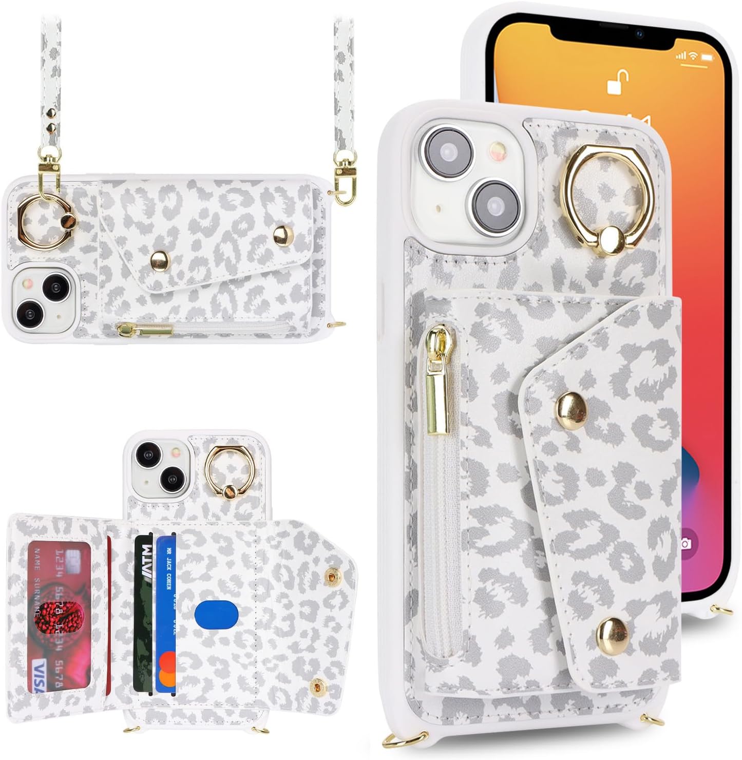 for iPhone 14 Case with Card Holder and Strap - Zipper Pocket,Crossbody Lanyard Strap,Credit Card Holder,Stand Ring,Cute Phone Wallet Case for Women(White Leopard,6.1 Inch) - Image 2