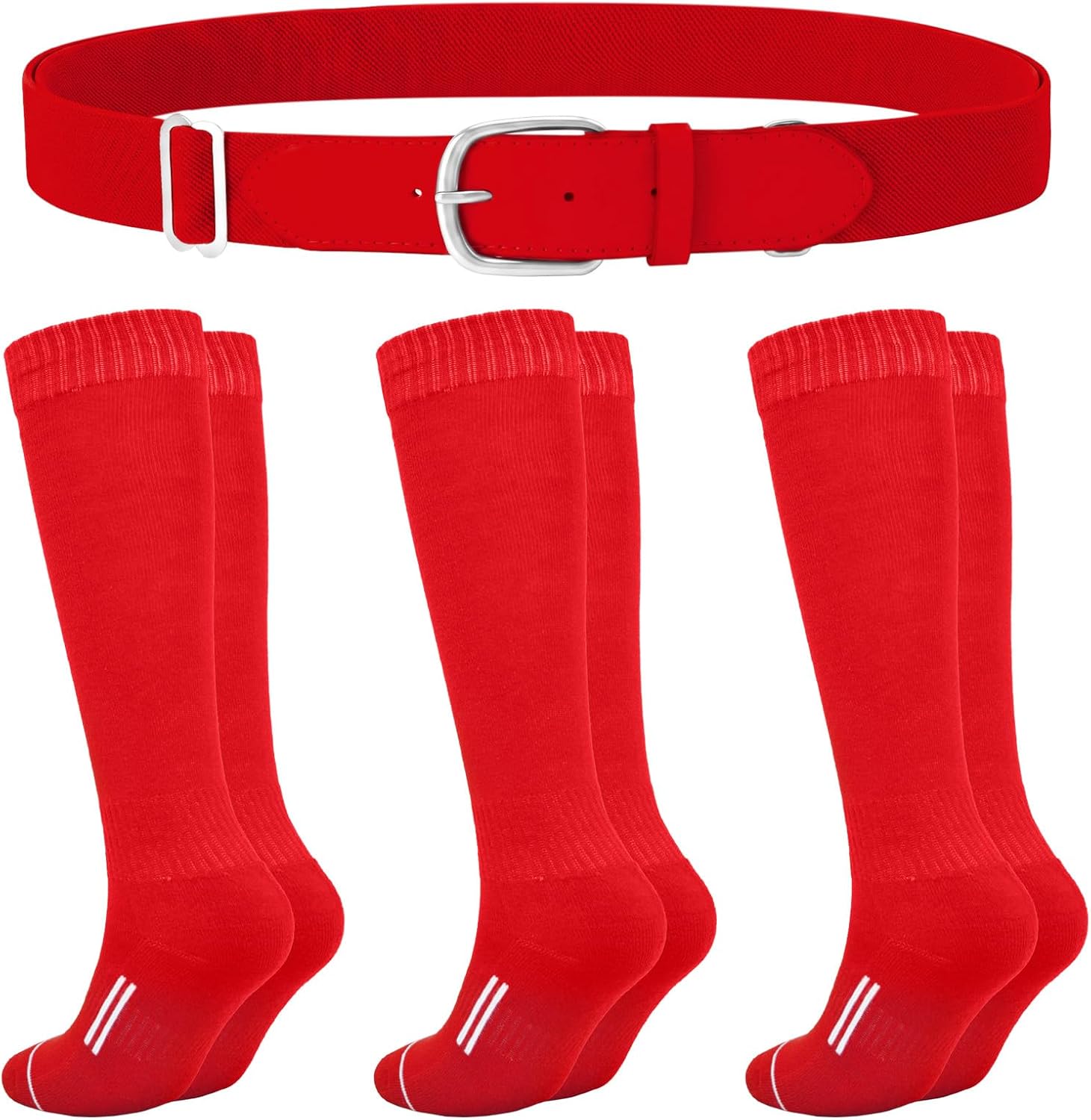 3 Pairs Youth Baseball Softball Cushioned Socks & 1 Elastic Belt Combo Set