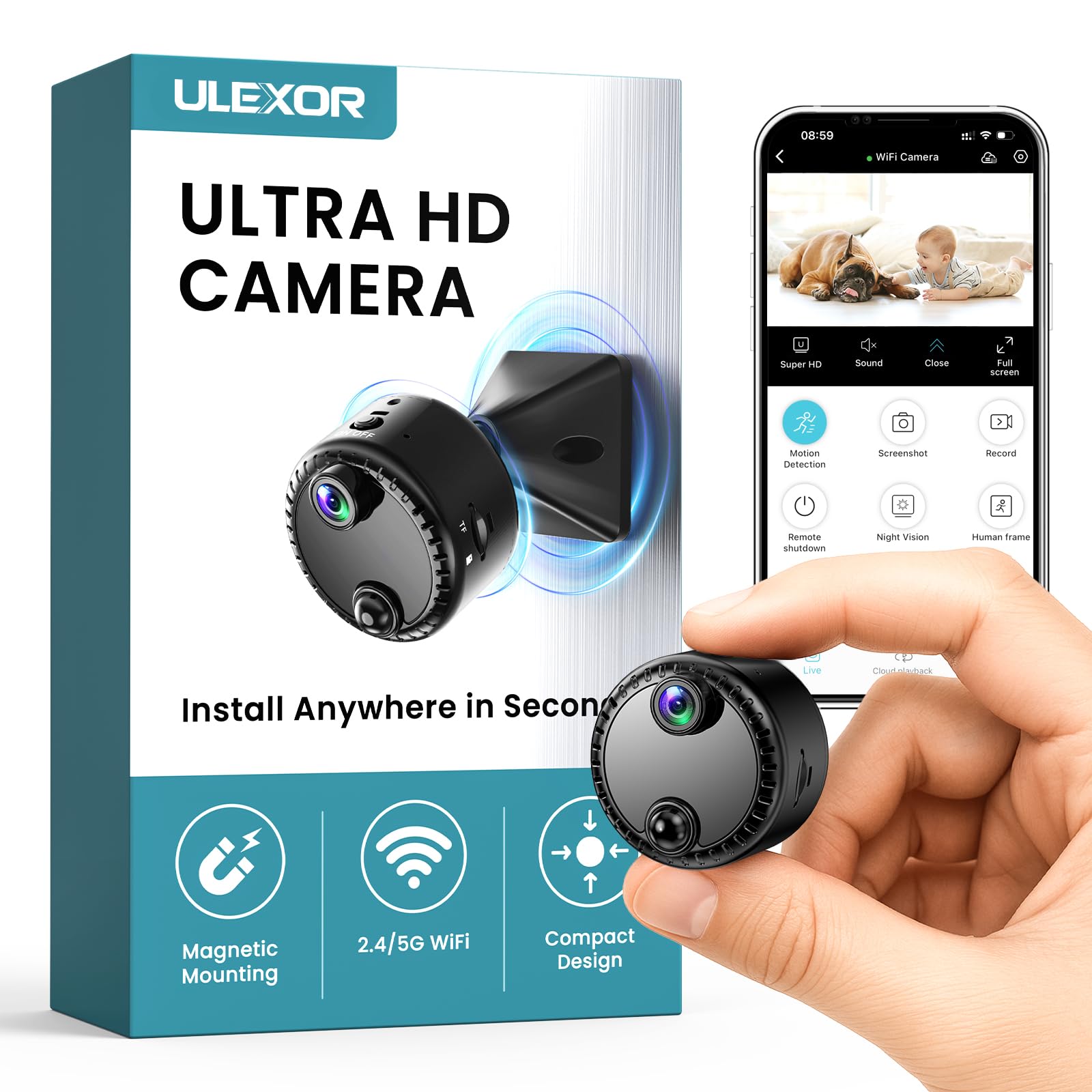 Mini Kamera 4K WLAN Überwachungskamera innen kabellos mit Akku, 2,4/5 GHz WiFi, Live-Übertragung aufs Handy, KI-Personenerkennung, Bewegungsmelder, Nachtsicht, SD & Cloud Speicher