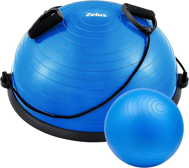 ZELUS 23pulg. Pelota de Equilibrio con Pelota de Yoga de 55 cm, Bandas de Resistencia y Bomba de pie | Pelota de ejercicio antideslizante para entrenamiento de equilibrio de media pelota de 660 libras para fuerza central, estabilidad y equilibrio, gimnasio en casa para todo el cuerpo