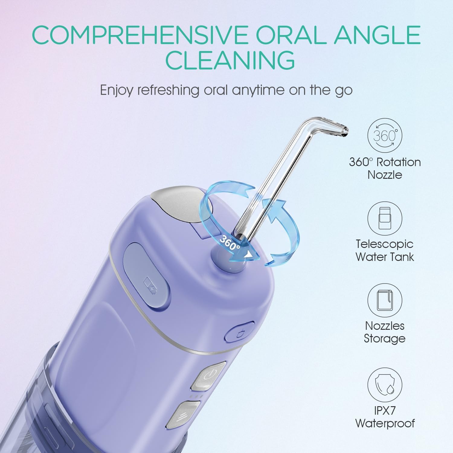 Portable Water Flosser Cordless, Mini Travel Oral Irrigator with Telescopic Water Tank, IPX7 Waterproof Water Dental Flosser for Teeth Cleaning Braces & Dental Care WF510 (Purple)