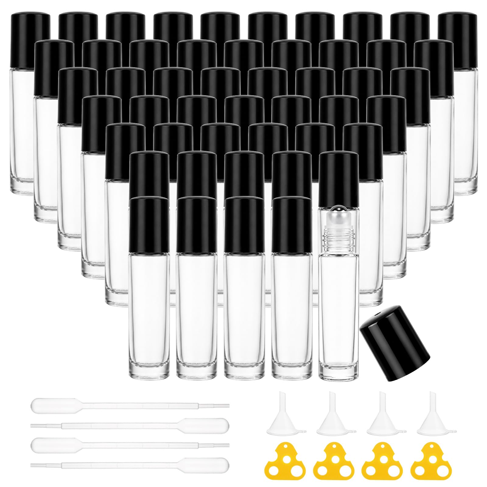 50 bottiglie roll-on da 10 ml in vetro trasparente per oli | Bottiglie in vetro trasparente per oli essenziali e profumi; 50 pezzi con sfere in acciaio, tappi neri, imbuti