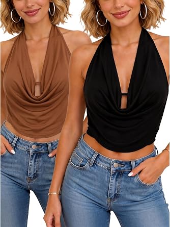 2 Pcs Women Draped Cowl Halter Top Back Tie Irreguler Hem Crop Top