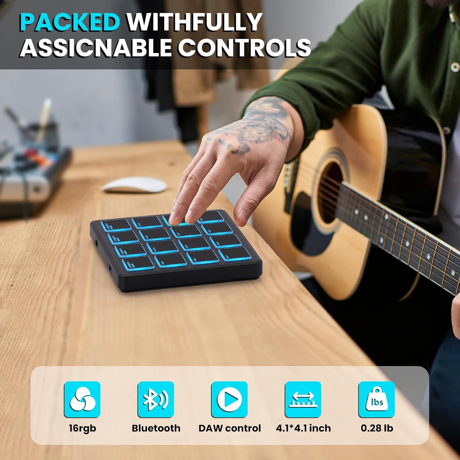 M-VAVE MIDI Controller on a desk with icons highlighting features