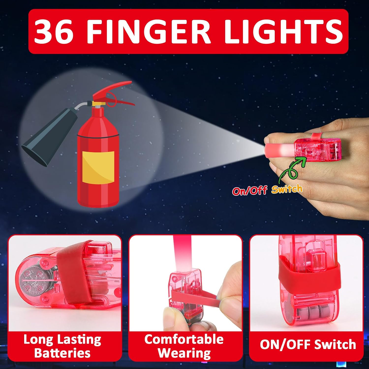 36Pcs Firetruck LED Finger Lights Fire Fighting Party Favors Glow in the Dark Light Up Finger Lights Themed Toys Bulk for Kids Birthday Party Goodie Bag Stuffer Classroom Prizes Gifts