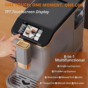 Automatic Espresso Coffee Machine with Milk Frother, 20 Bar Pressure & 15 Grind Settings, 8-in-1 Coffee Maker with TFT Touchscreen, Removable Water Tank, for Espresso Cappuccino Latte and More