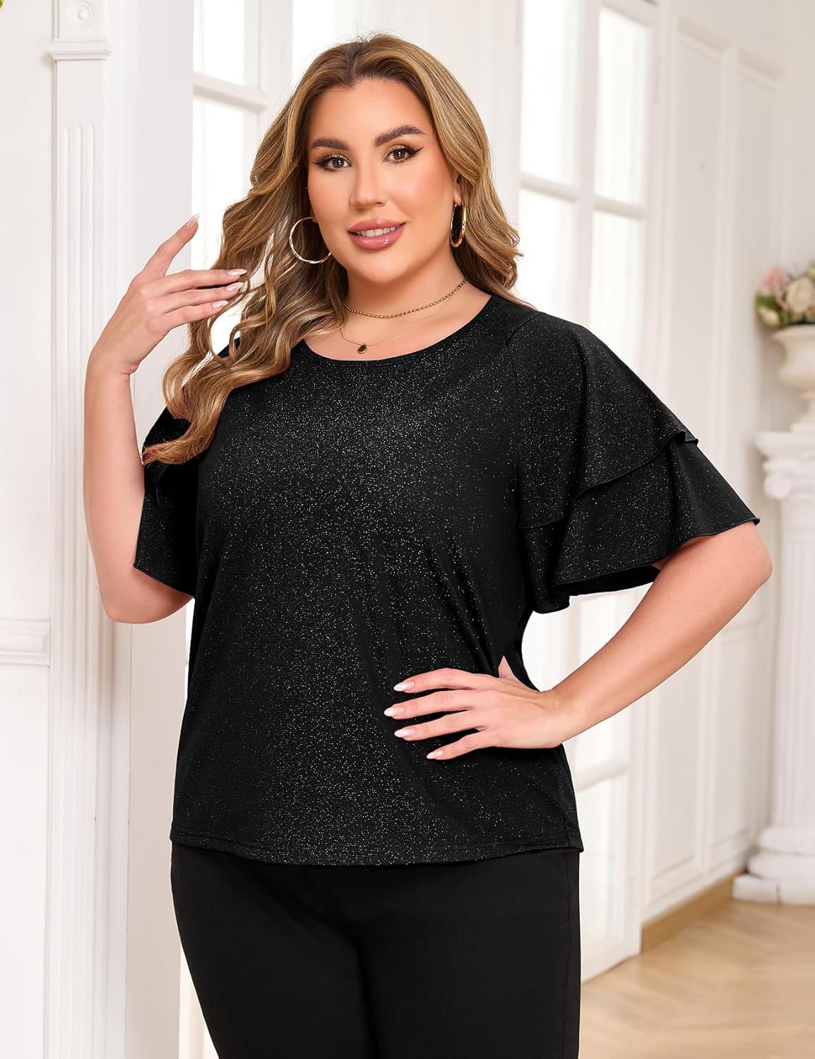 ZOMVA Women's Plus Size Sparkly Top Glitter Blouse Short Ruffle Sleeves Dressy Shirt Elegant Party - Image 4