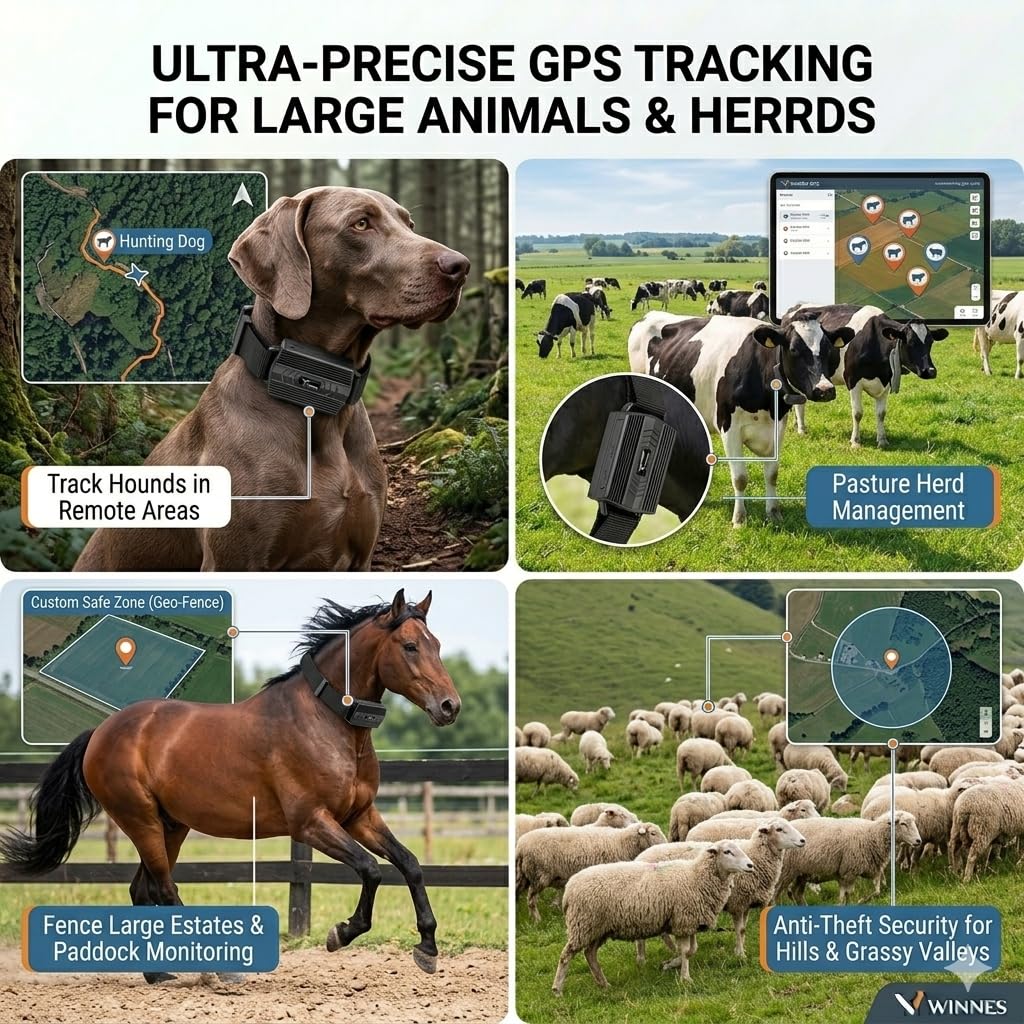 4G Collar GPS para Perros de Caza 3000mAH Batería Localizador GPS para Caballos Vacas Ovejas Animales Grandes IP66 Resistente al Agua Seguimiento en Tiempo Real, Alerta de Geocerca TK935
