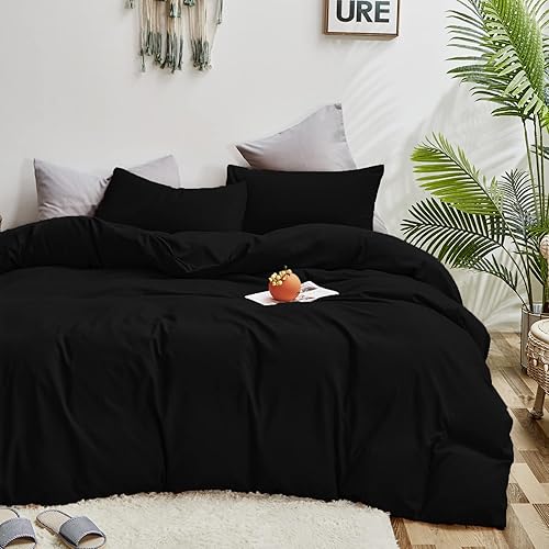 Miniatura 3 de Cottonight - Juego de edredón, unicolor, suave, transpirable, ligero, para hombre, Queen, negro puro