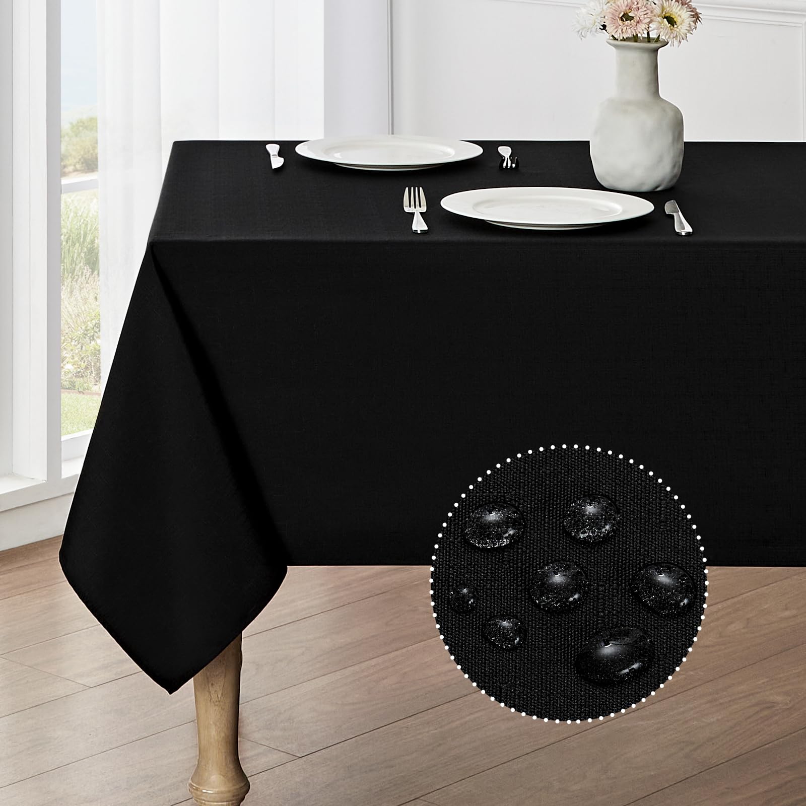 Veblandy Rectangle Tablecloth Waterproof 60x144 inch Linen Textured Table Cloth Stain and Wrinkle Resistant Washable, Decorative Fabric Table Cover for Dining, Party and Camping, Black