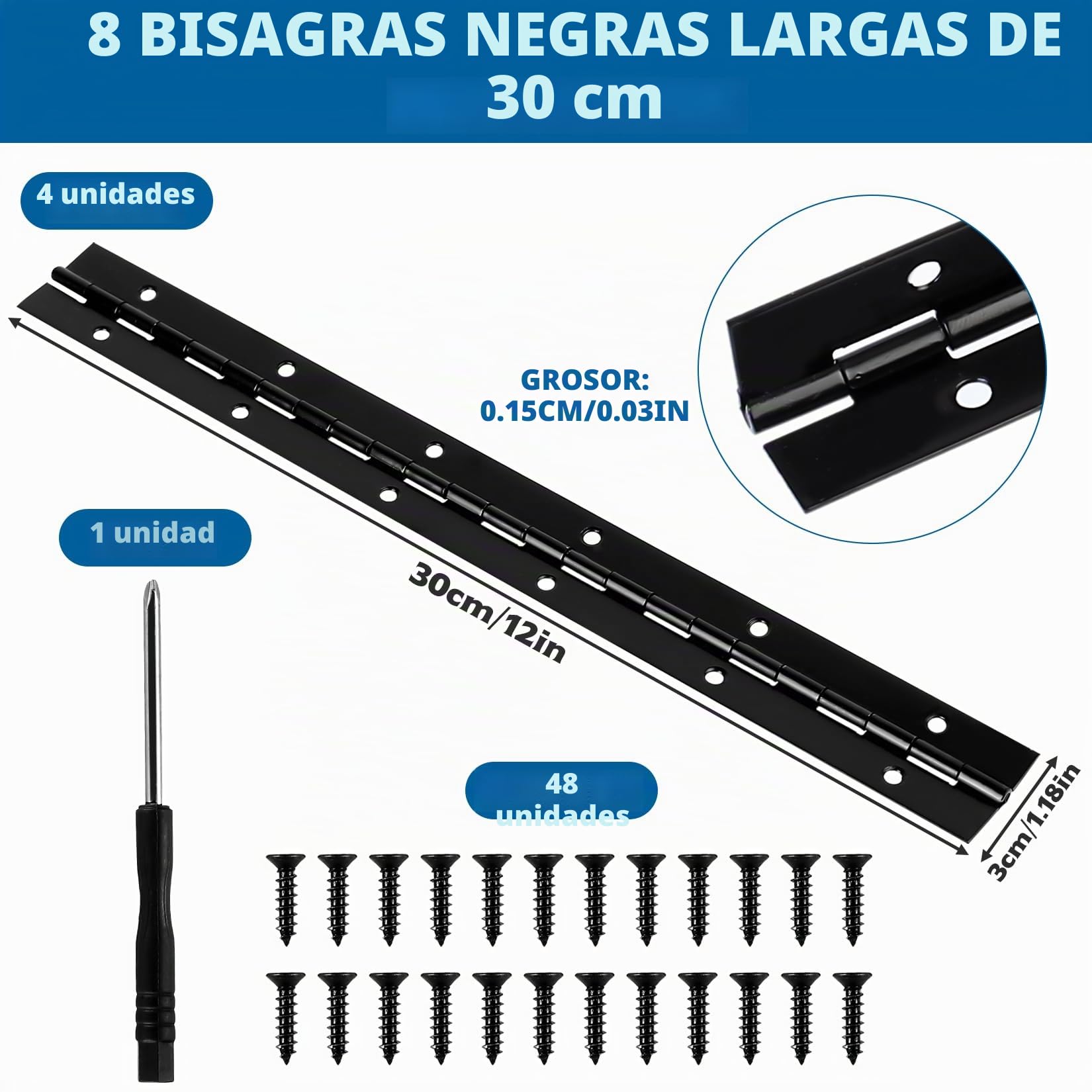 4 Piezas Bisagra Piano, 300mm × 30mm Bisagras de Piano, Bisagras Plegables, Bisagra para Puertas de Armarios Gabinetes y Muebles, con Tornillos y Destornillador (Negro)
