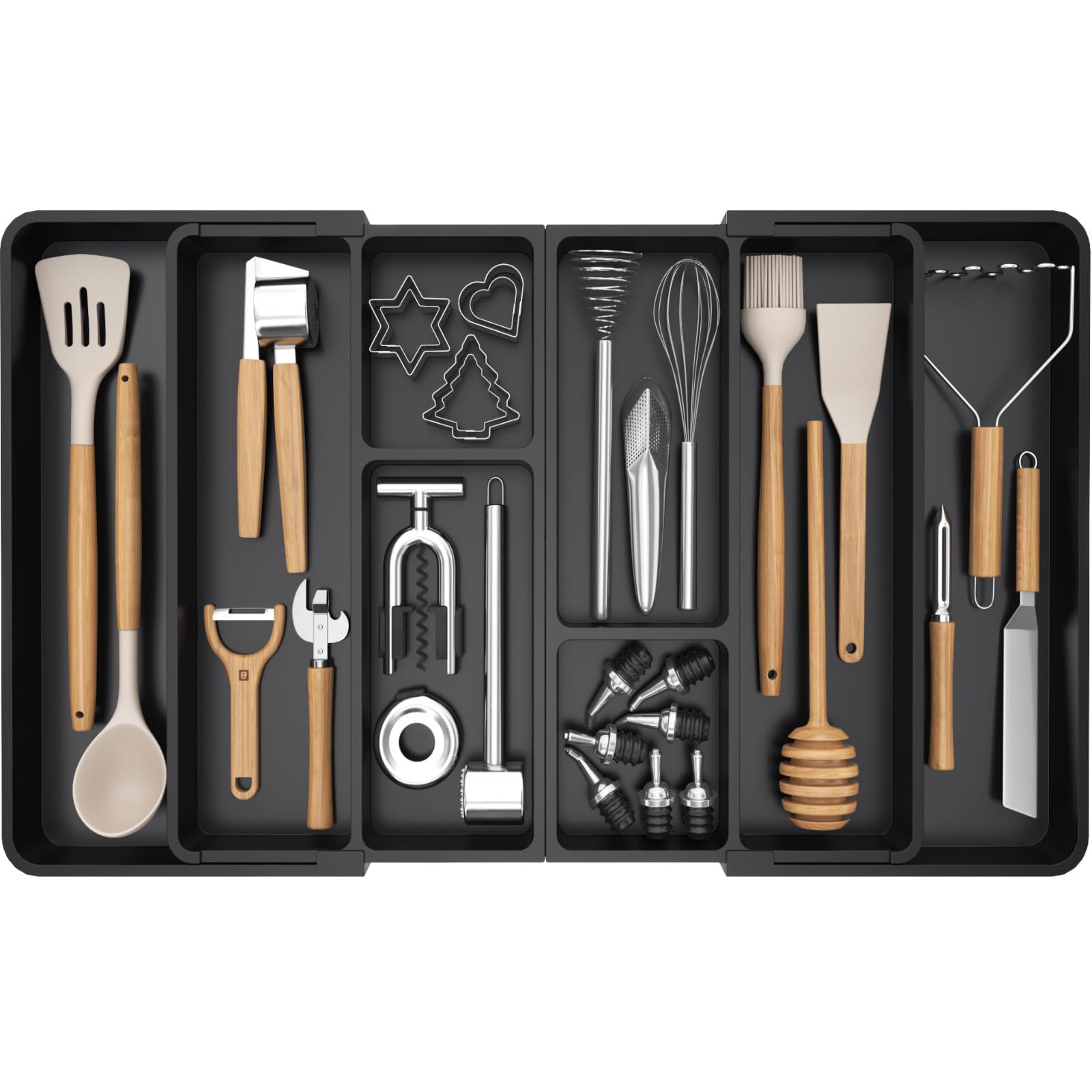 Lifewit Grandes Organizador Utensilios para Cajon Cocina, Extensible al 36 Pulgadas de Ancho, Bandeja de Plata para Cocinar, Vajilla Separador de Plástico para Gadgets/Herramientas de Espátula, Negro