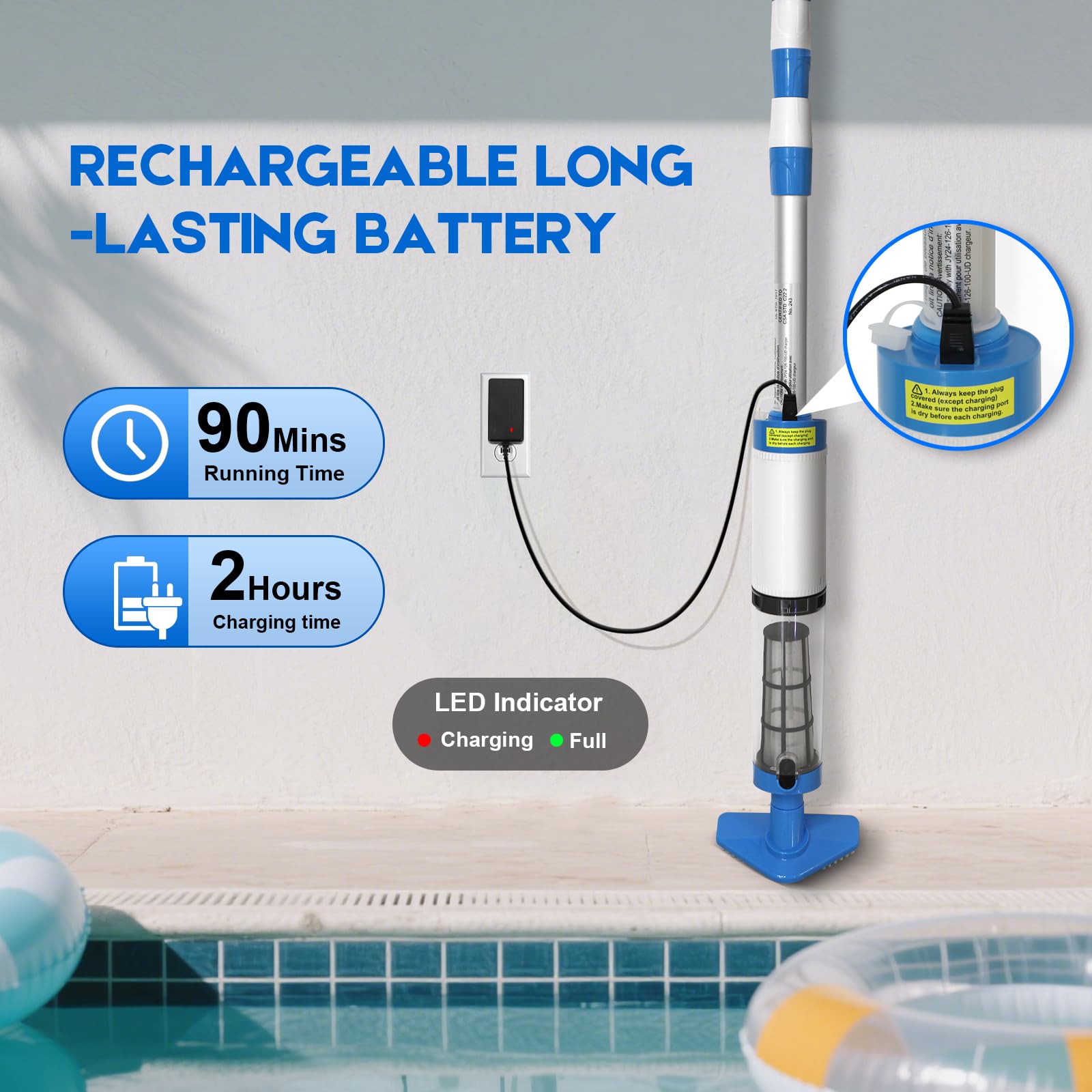 Aspirateur de piscine portatif sans fil avec manche télescopique, aspirateur de piscine rechargeable 3 en 1, nettoyeur de piscine portable pour jacuzzi, piscine hors sol et creusée