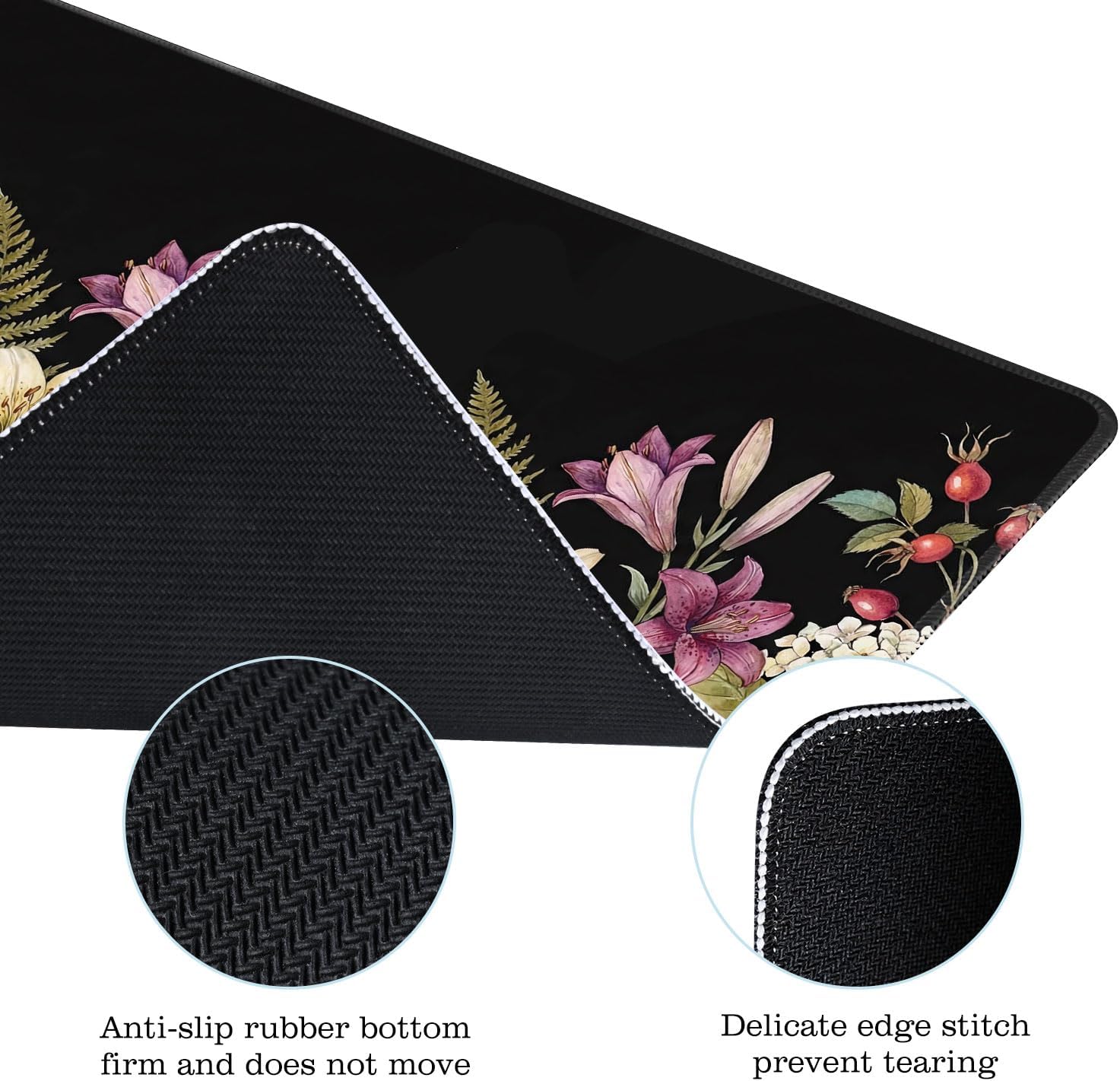 Black Floral Plants Desk Mat Gaming Desk Pad Large Mouse Pads, XXL Mouse Mat Laptop Keyboard Pad Desk Matt Computer Protector for Desktop with Non-Slip Base and Stitched Edge 31.5 x 11.7 in