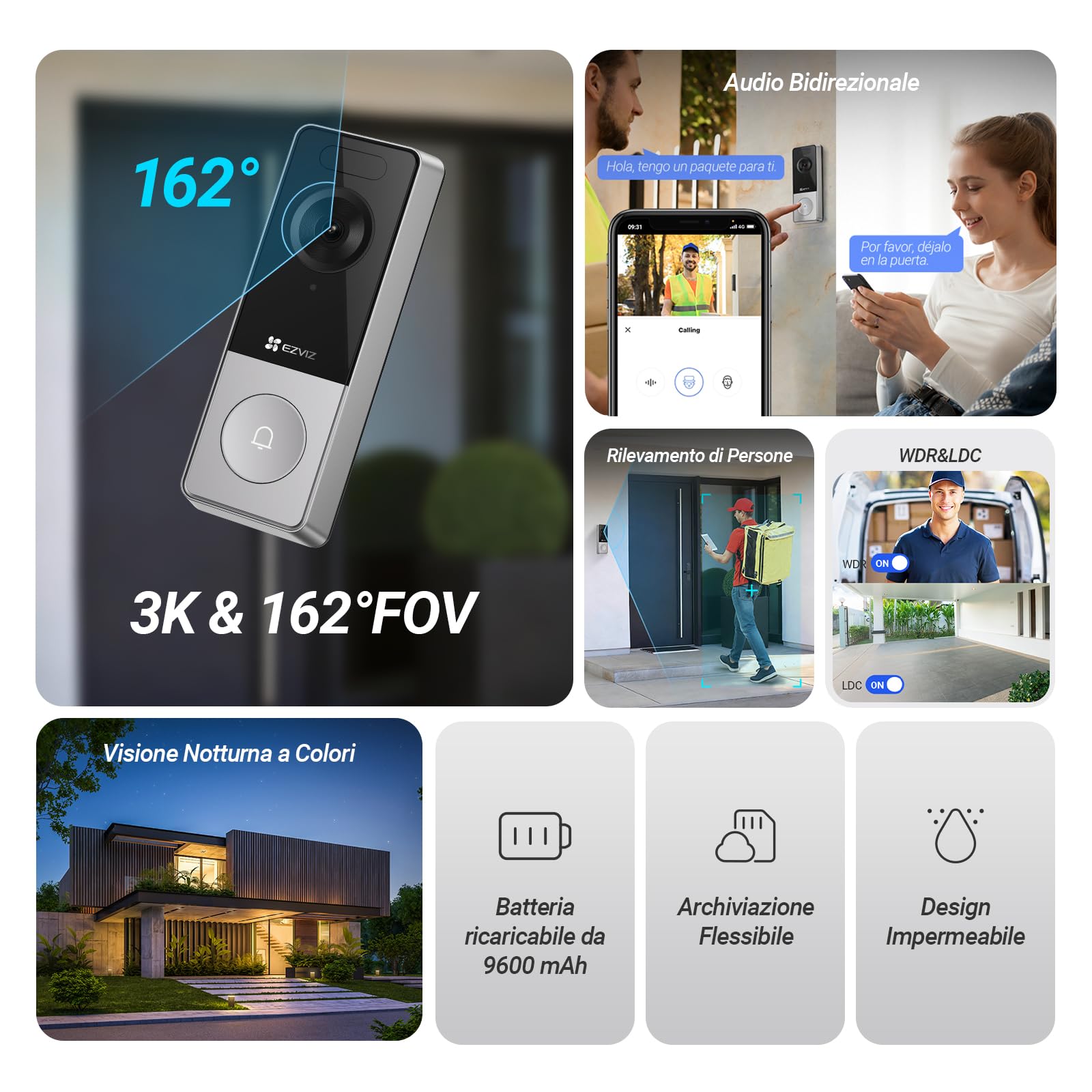 EZVIZ CP8 Kit Video Campanello Wi-Fi con Telecamera 3K a Batteria 9600 mAh, 100% Senza Fili, Rilevamento Persone IA, Audio Bidirezionale, Visione Notturna, Wi-Fi 6, Chime Incluso