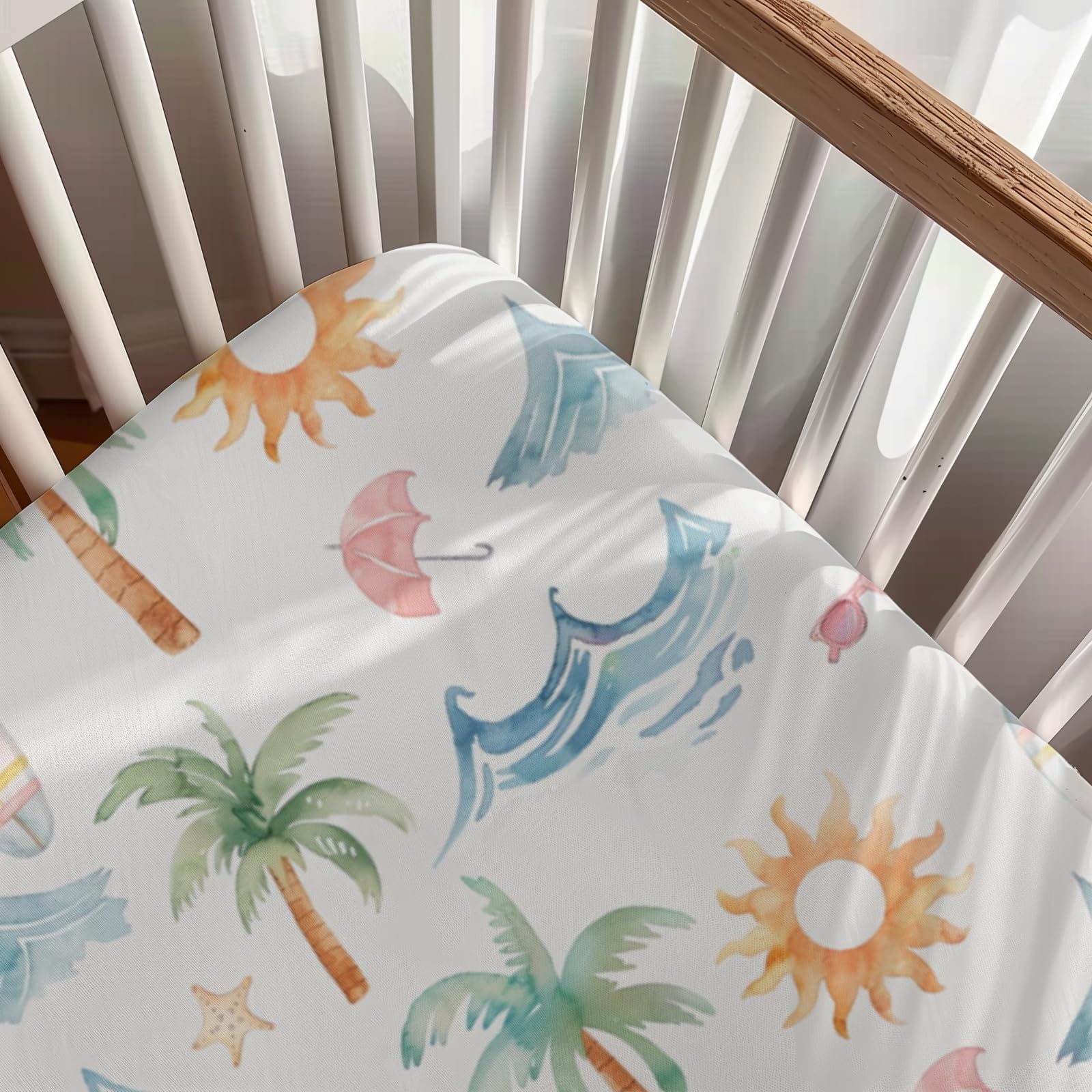 Summer Beach Palm Tree Starfish Sunglasses Pattern Baby Sheets for Crib, Unisex Summer Theme Nursery Fitted Bed Sheet for Boys Girls Standard Crib and Toddler Mattress-28x52