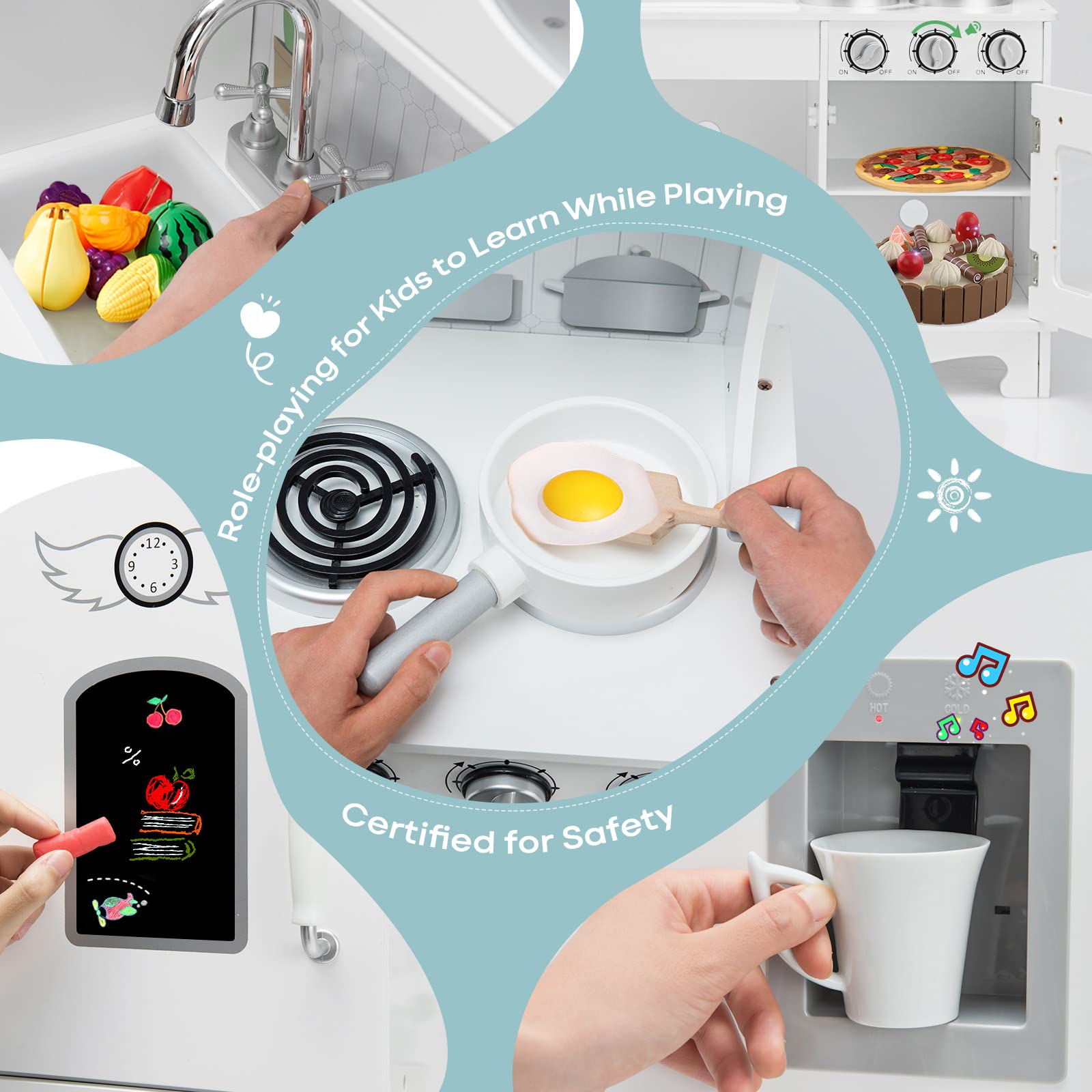 RELAX4LIFE Cucina Giocattolo in Legno per Bambini, Luci e Suoni Realistici, Gioco di Simulazione con Telefono, Frigorifero, Distributore d'Acqua per Bambini 3+Anni