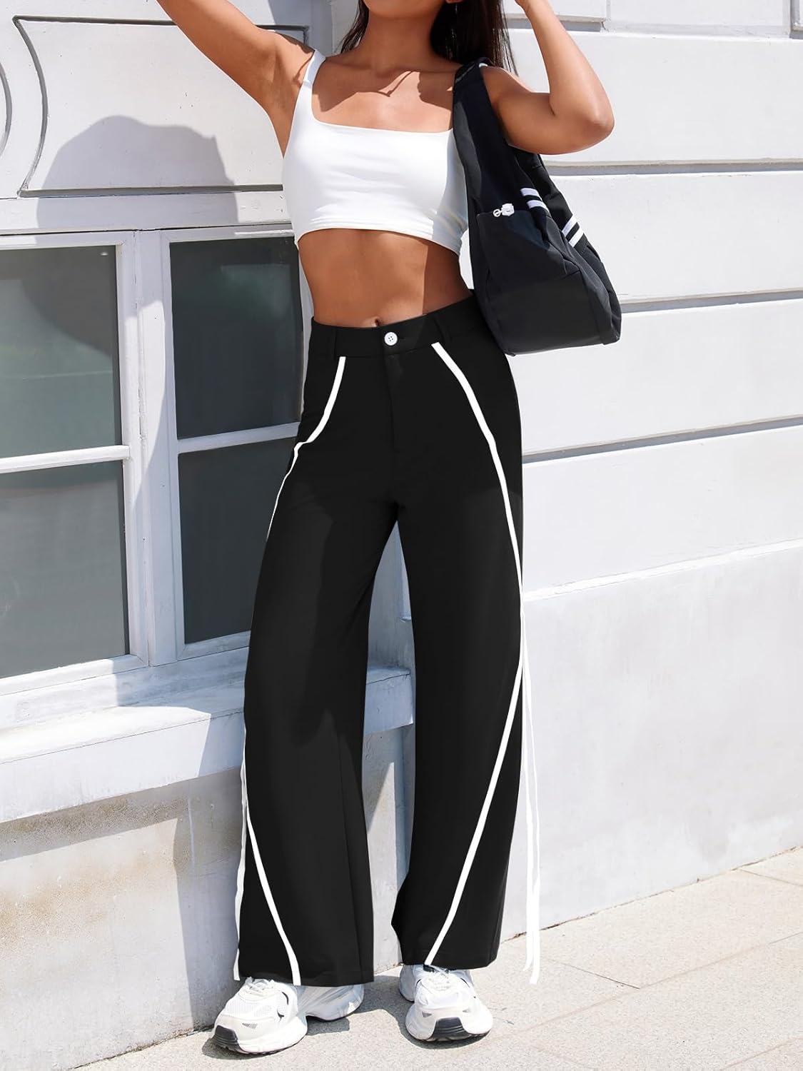 Fisoew Womens Casual Wide Leg Pants Straight Leg Trousers Splicing Line High Waisted Side Striped Palazzo Pants - Image 5