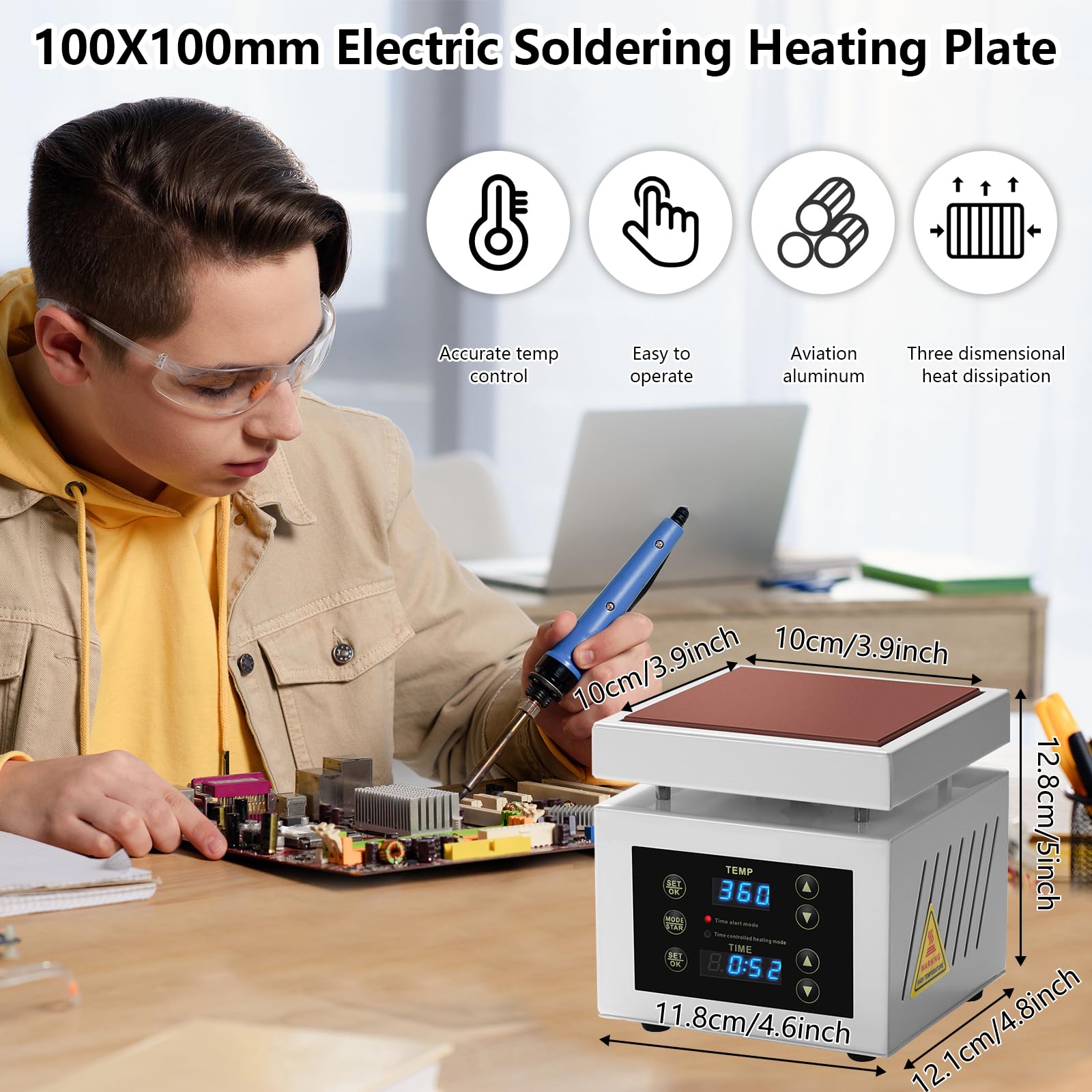 Lötstation Heizplatte, 350W Mikrocomputer Elektrische Heizplatte mit LED Anzeige Temperatur Einstell 0-400°C, 100X100mm Elektrische Löt Heizplatte Lötstation für Reparieren Handy Bildschirmen