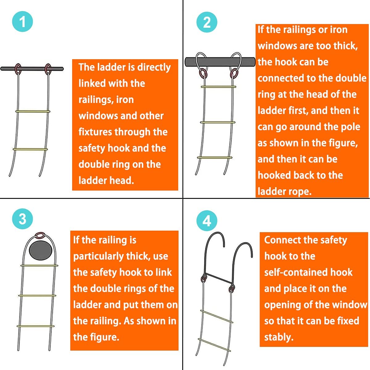 kingwolfox Emergency Fire Escape Ladder Flame Resistant Safety Rope Ladder with Hooks， Fast to Deploy & Easy to Use Compact & Easy to Store Withstand Weight up to 2000 pounds (16FT) - - 