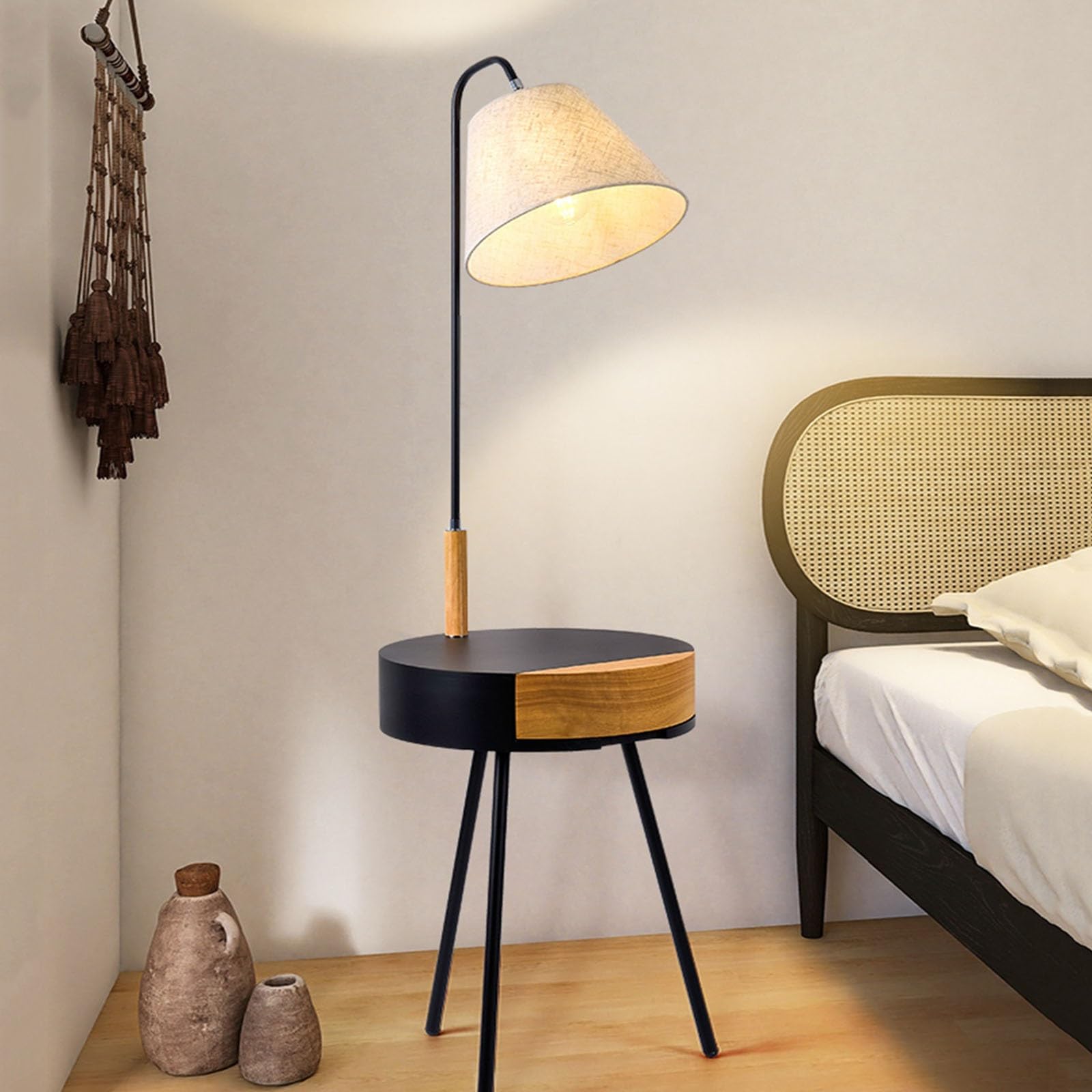 Lampada da Terra Lampada da Terra con Tavolo, tavolino Rustico con cassetti portaoggetti, Comodino for Soggiorno Camera da Letto per Soggiorno