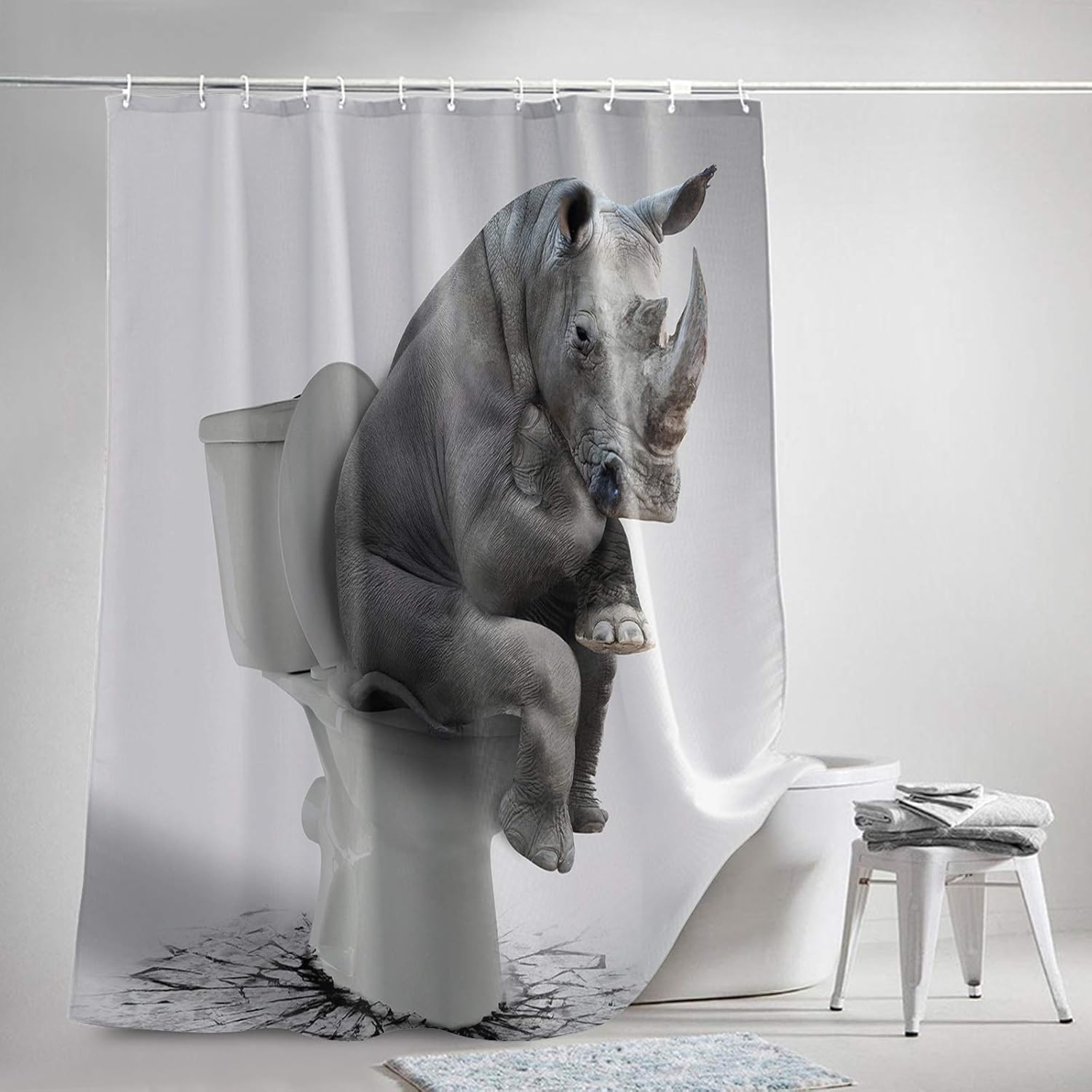 Shower Curtain Sets for Bathroom Rhino Sitting on The Toilet Home Decoration Waterproof Fabric Machine Washable Curtains with Hooks,Funny Animal Grey Art 72x72in