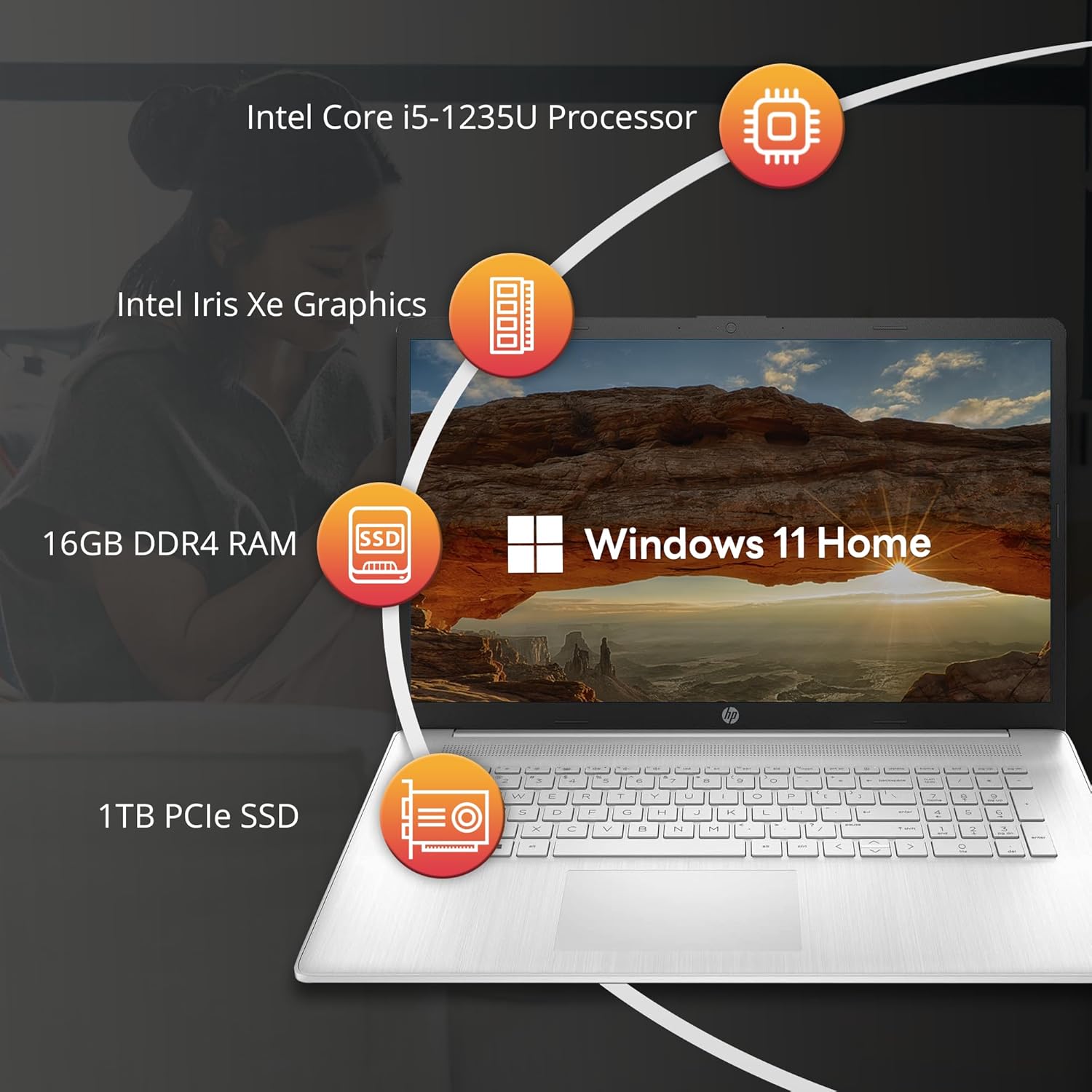 HP 17.3'' FHD Business Laptop, Intel Core i5-1235U, 16GB RAM, 1TB PCIe SSD, Intel Iris Xe Graphics, Backlit Keyboard, HD Camera, Wi-Fi, Bluetooth, Win 11 Home, Silver, (Renewed)