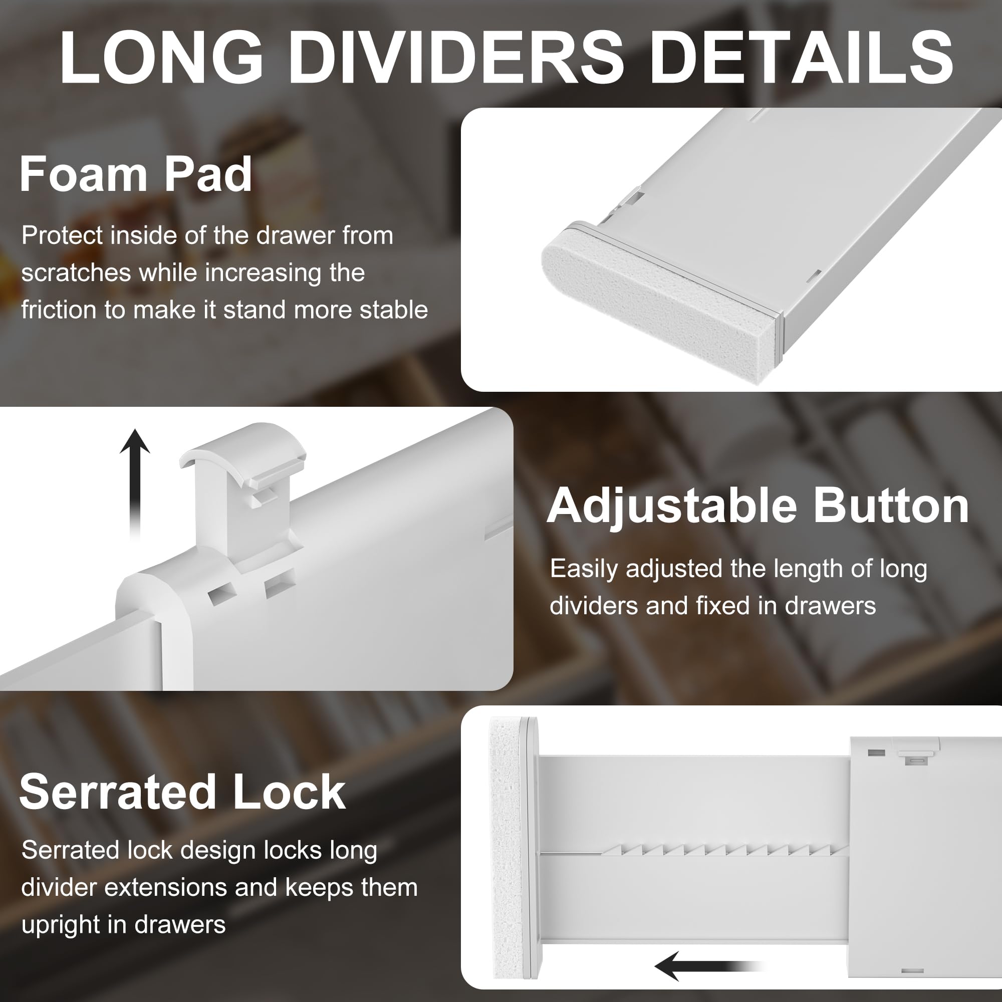 HiYZ Lot De 3 Séparateurs De Tiroir Extensibles - 32,6 à 57,1 Cm