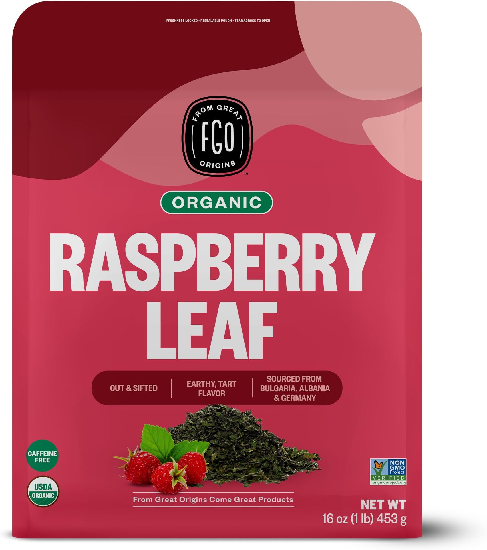 FGO Organic Red Raspberry Loose Leaf Herbal Tea, Cut and Sifted, Caffeine Free, 16oz Bulk Resealable Pouch, Packaging May Vary (Pack of 1)
