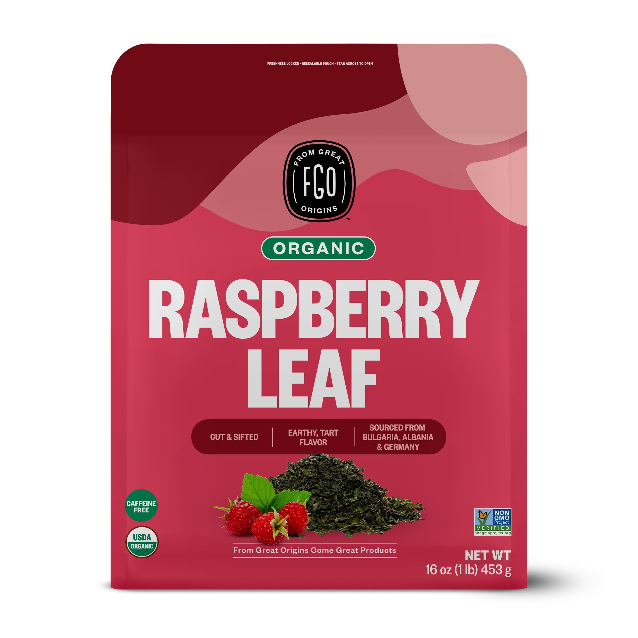 FGO Organic Red Raspberry Loose Leaf Herbal Tea, Cut and Sifted, Caffeine Free, 16oz Bulk Resealable Pouch, Packaging May Vary (Pack of 1)